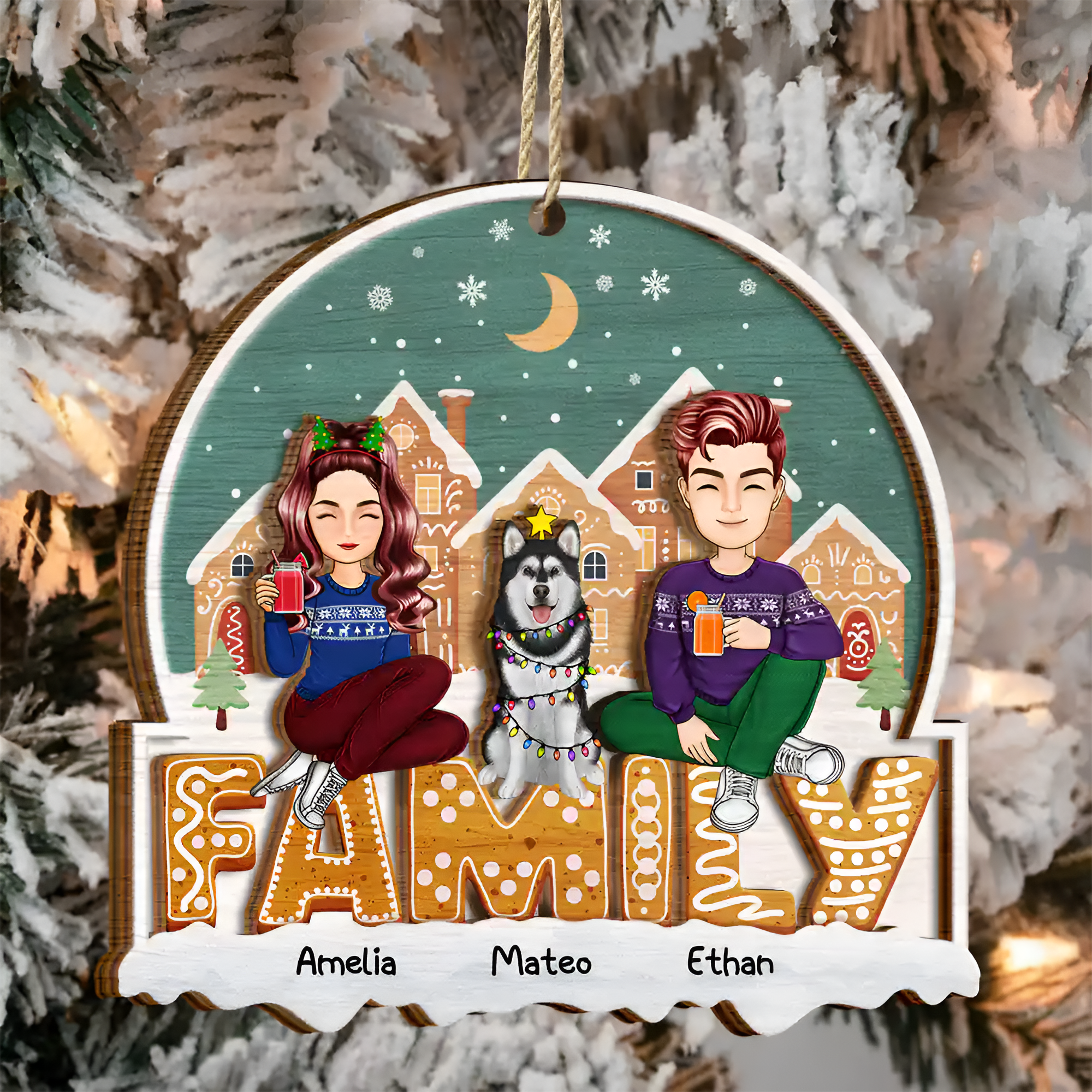 Cartoon Family And Pet Gingerbread Cookies - Personalized 2-Layered Wooden Ornament ORN0210