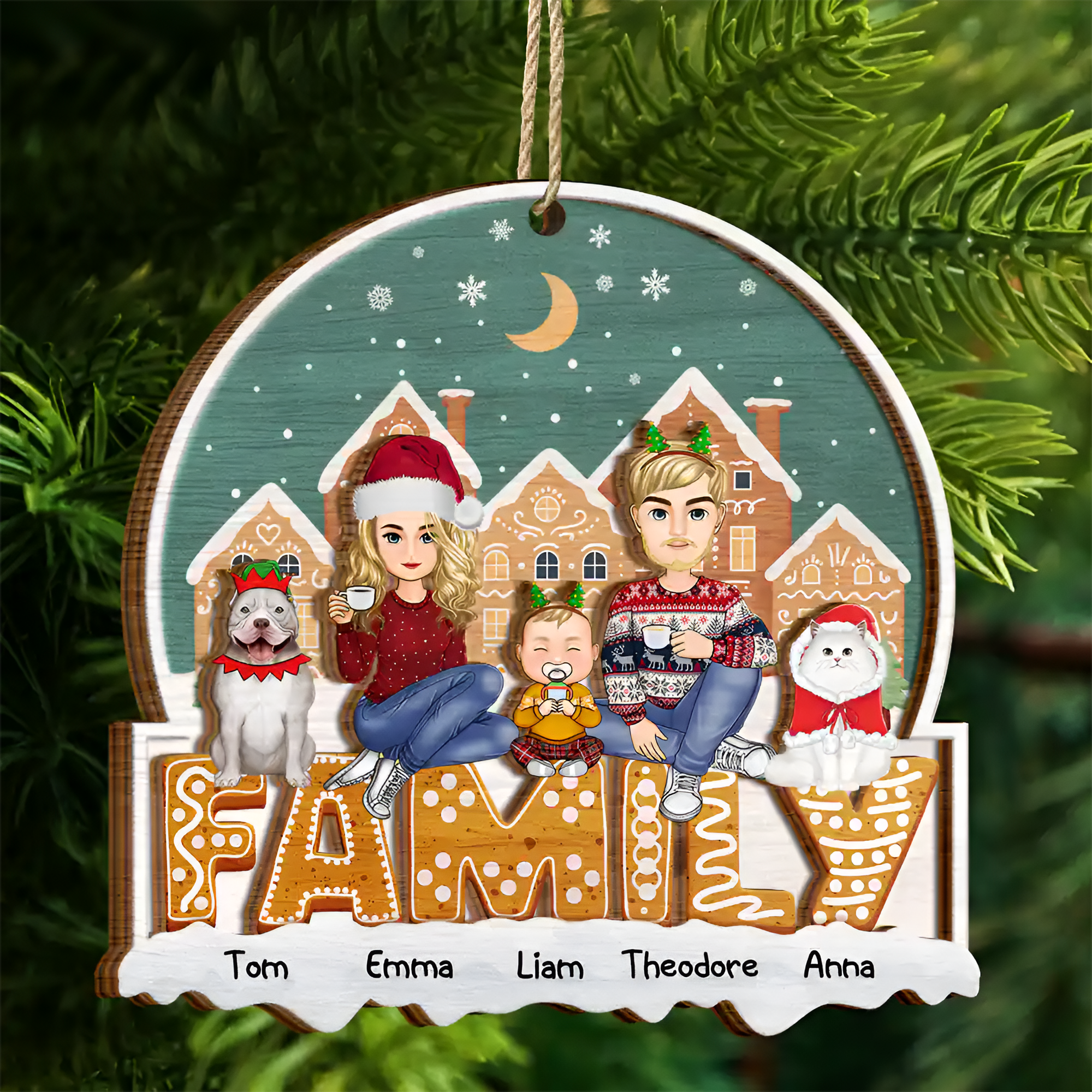 Cartoon Family And Pet Gingerbread Cookies - Personalized 2-Layered Wooden Ornament ORN0210