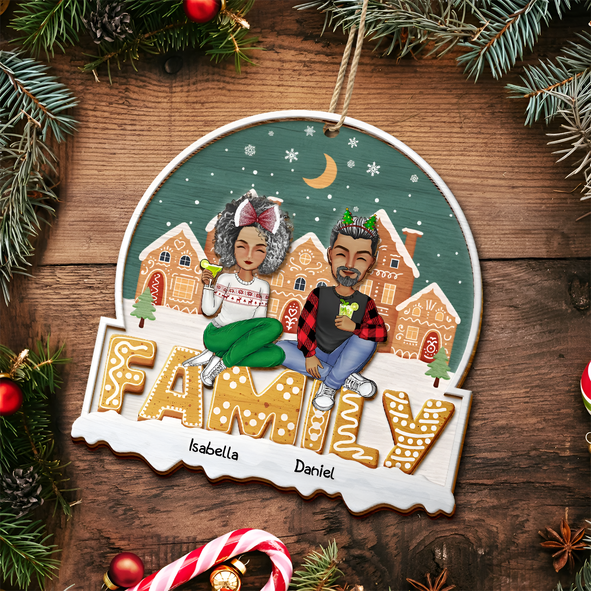 Cartoon Family And Pet Gingerbread Cookies - Personalized 2-Layered Wooden Ornament ORN0210