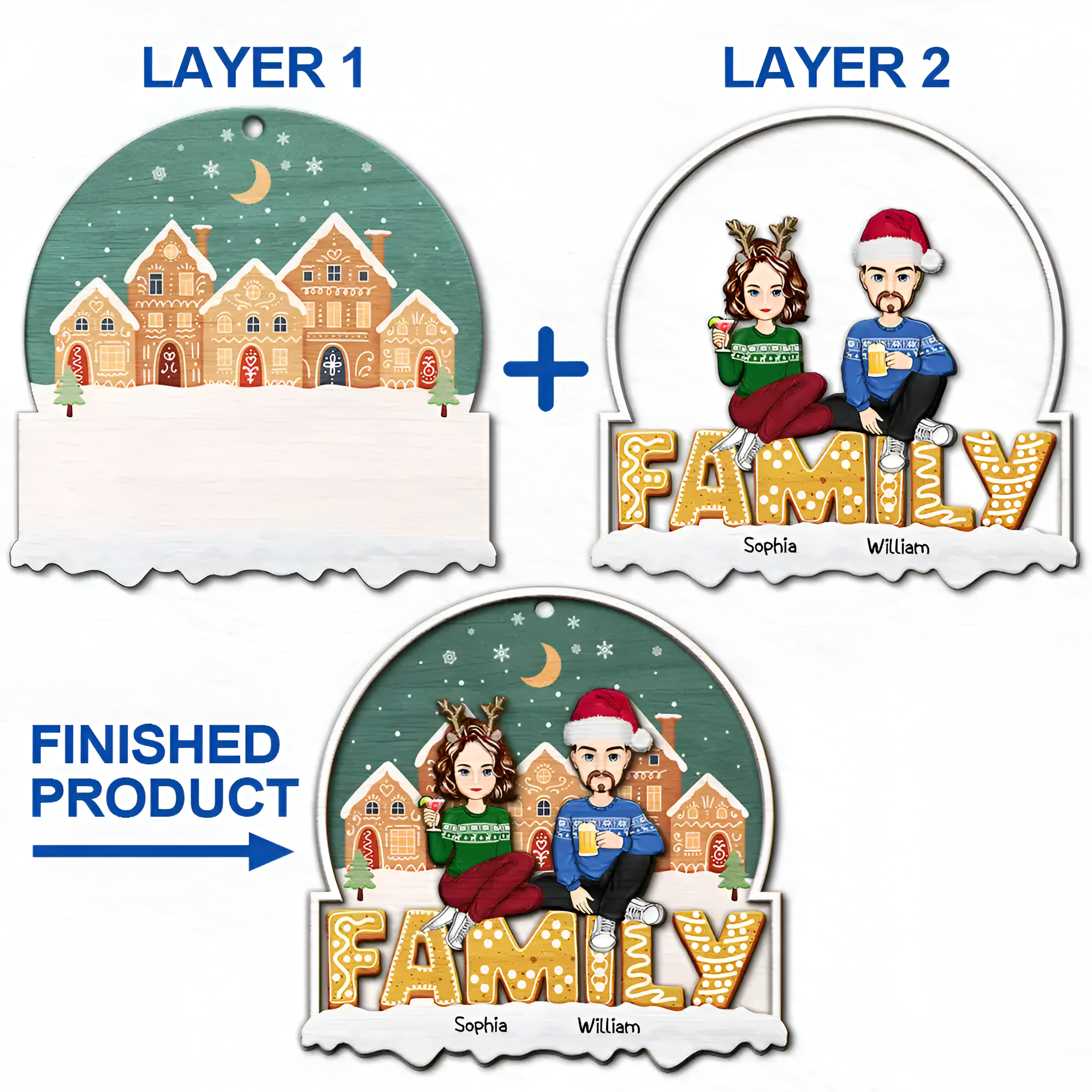 Cartoon Family And Pet Gingerbread Cookies - Personalized 2-Layered Wooden Ornament ORN0210