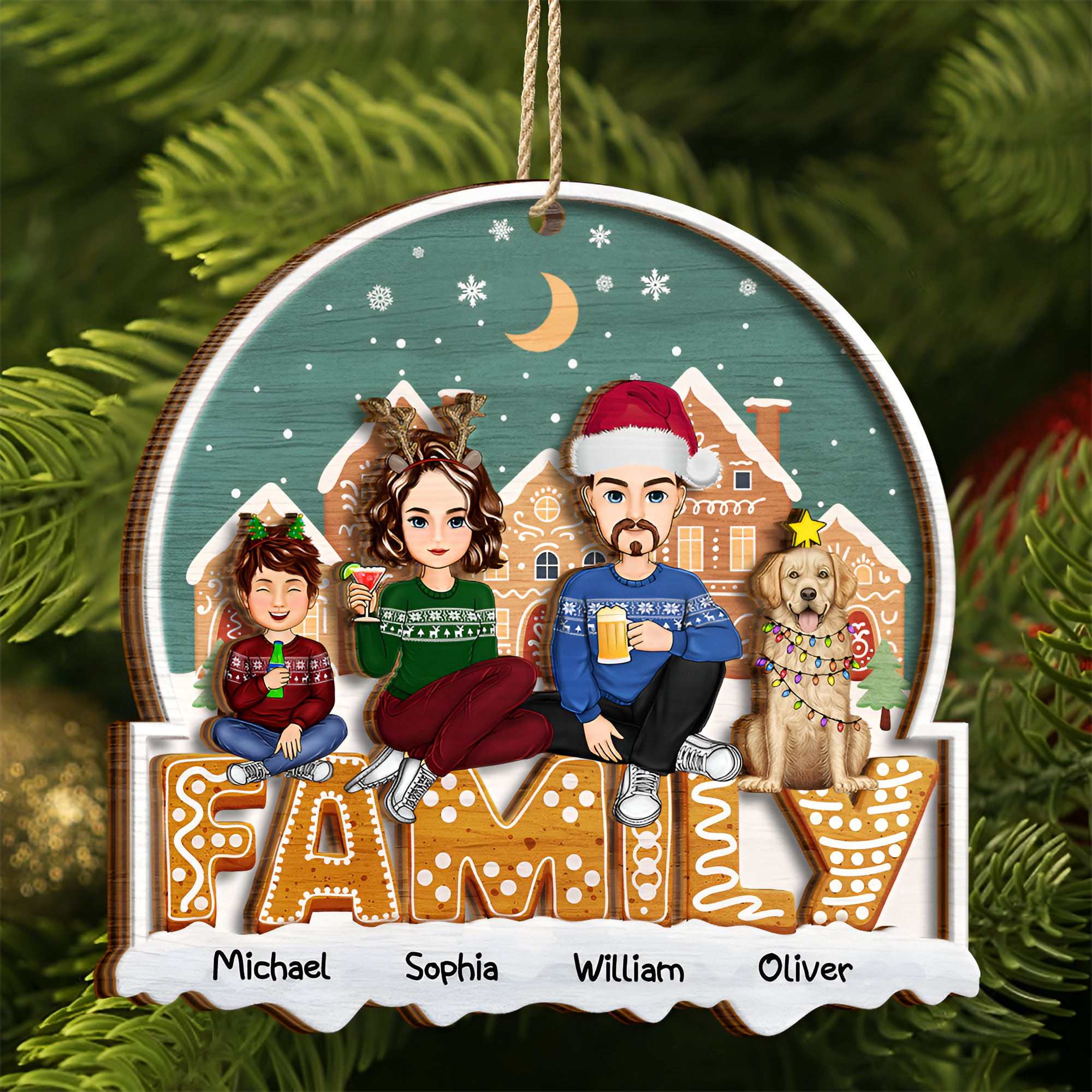 Cartoon Family And Pet Gingerbread Cookies - Personalized 2-Layered Wooden Ornament ORN0210