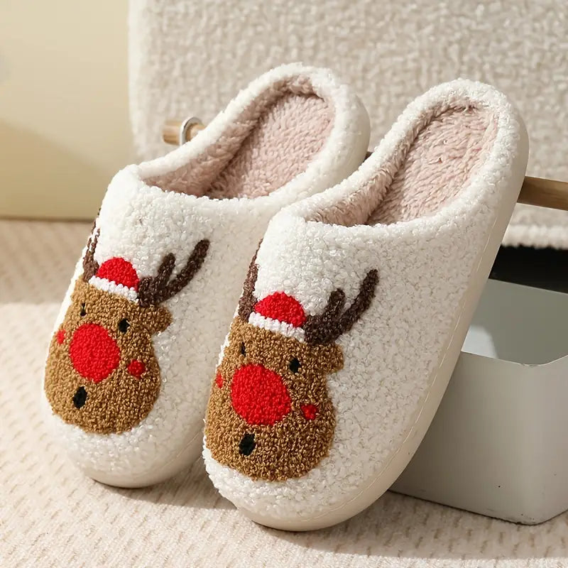 Cartoon Christmas Deer Print Slippers, Slip On Soft Sole Flat Non-slip Comfy Shoes, Winter Plush Home Warm Shoes SL0808 16