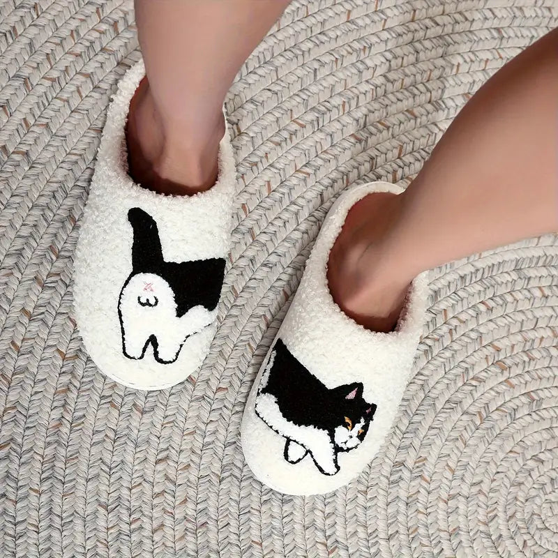Cute Cat Pattern Slippers, Casual Slip On Plush Lined Shoes, Comfortable Indoor Home Slippers 
 SL0808 21