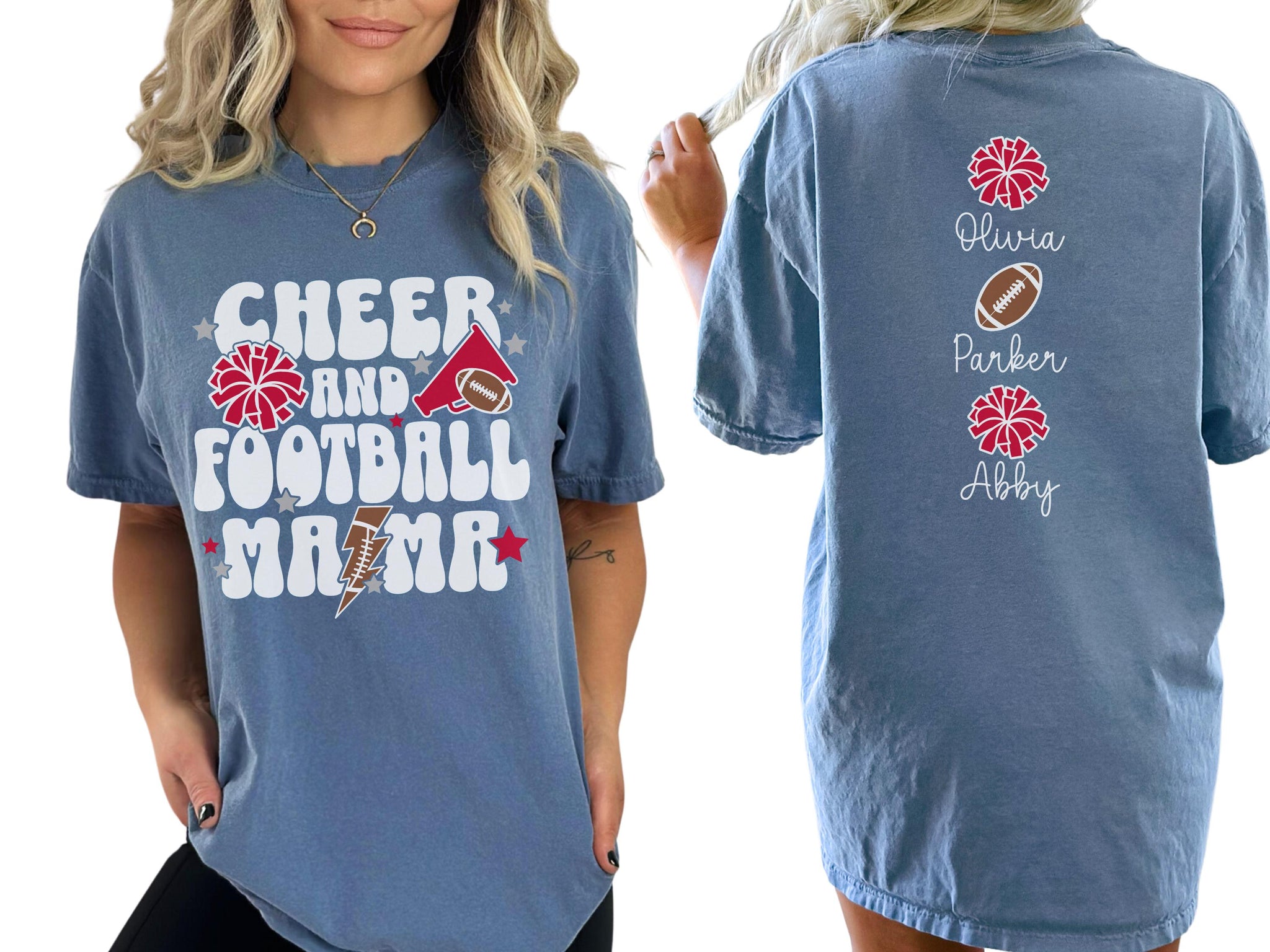 Cheer and Football Mom Shirt Names on Back, Custom Football and Cheer Mama Shirt, Cheer Mama T Shirt, Football Mom TShirt, Sports Mom Gift 1 FB2308