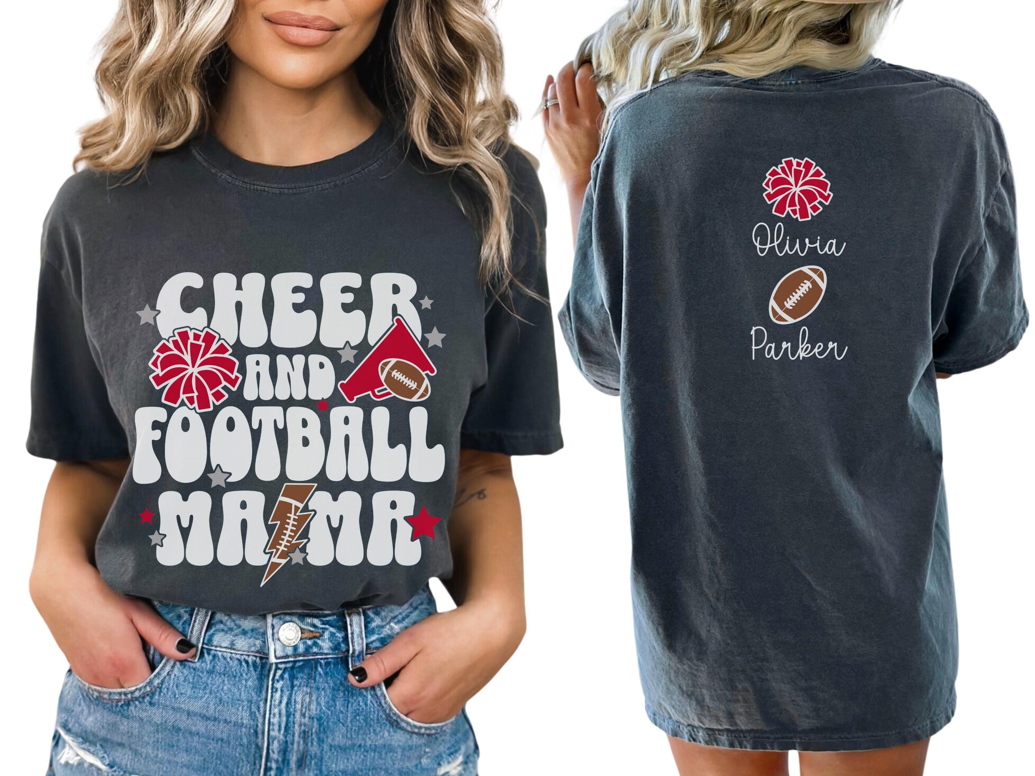 Cheer and Football Mom Shirt Names on Back, Custom Football and Cheer Mama Shirt, Cheer Mama T Shirt, Football Mom TShirt, Sports Mom Gift  FB2308