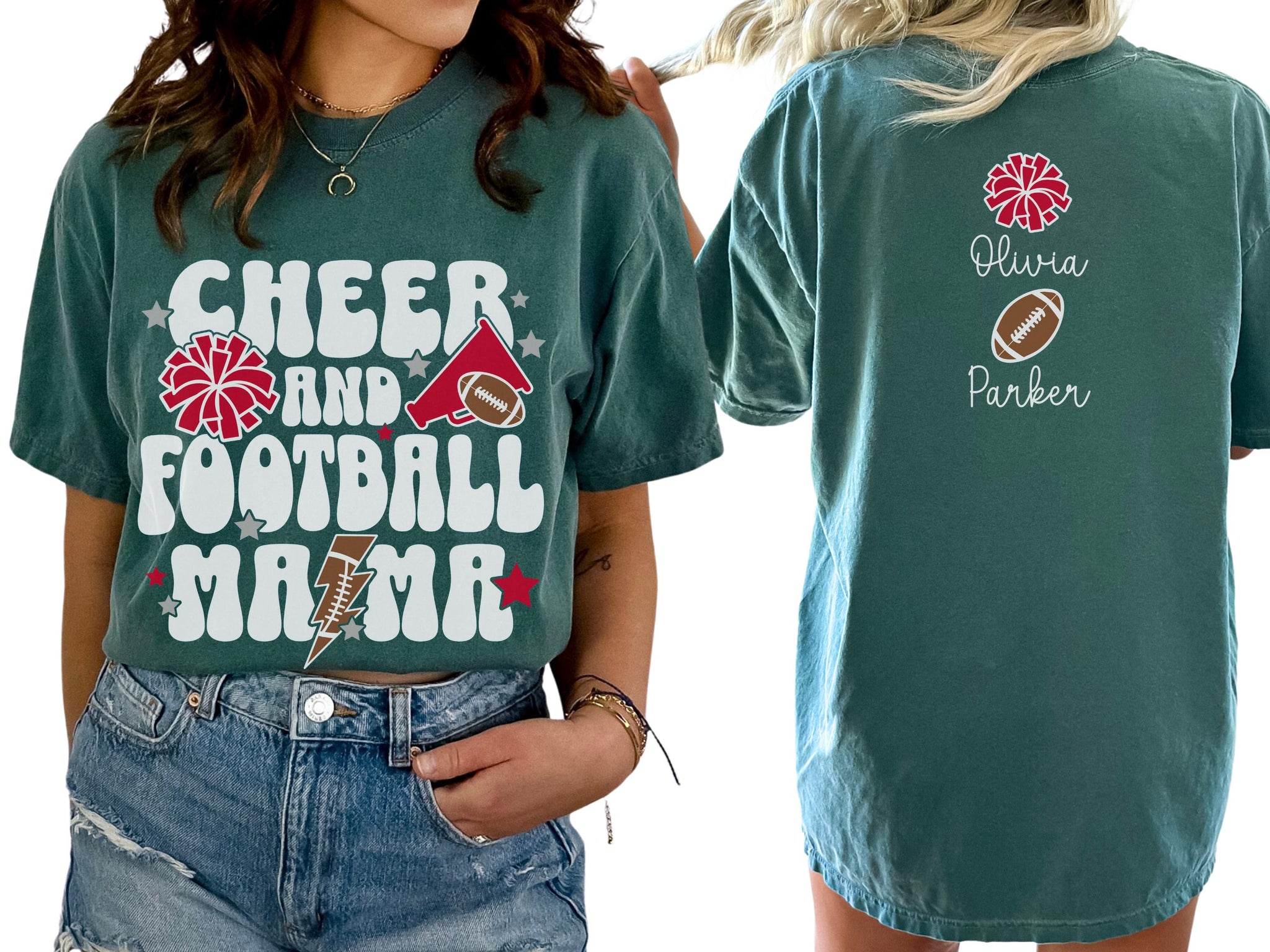 Cheer and Football Mom Shirt Names on Back, Custom Football and Cheer Mama Shirt, Cheer Mama T Shirt, Football Mom TShirt, Sports Mom Gift  FB2308