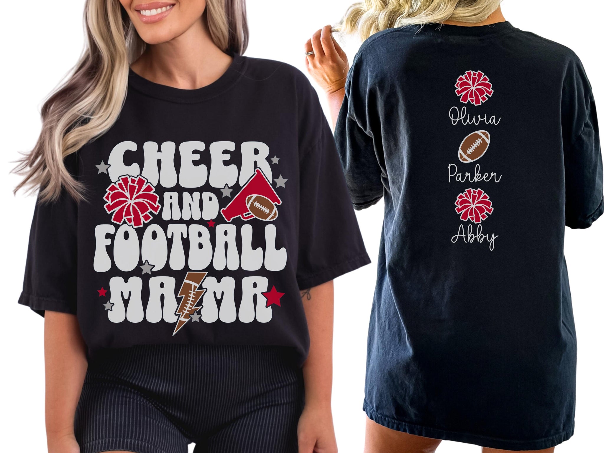 Cheer and Football Mom Shirt Names on Back, Custom Football and Cheer Mama Shirt, Cheer Mama T Shirt, Football Mom TShirt, Sports Mom Gift  FB2308