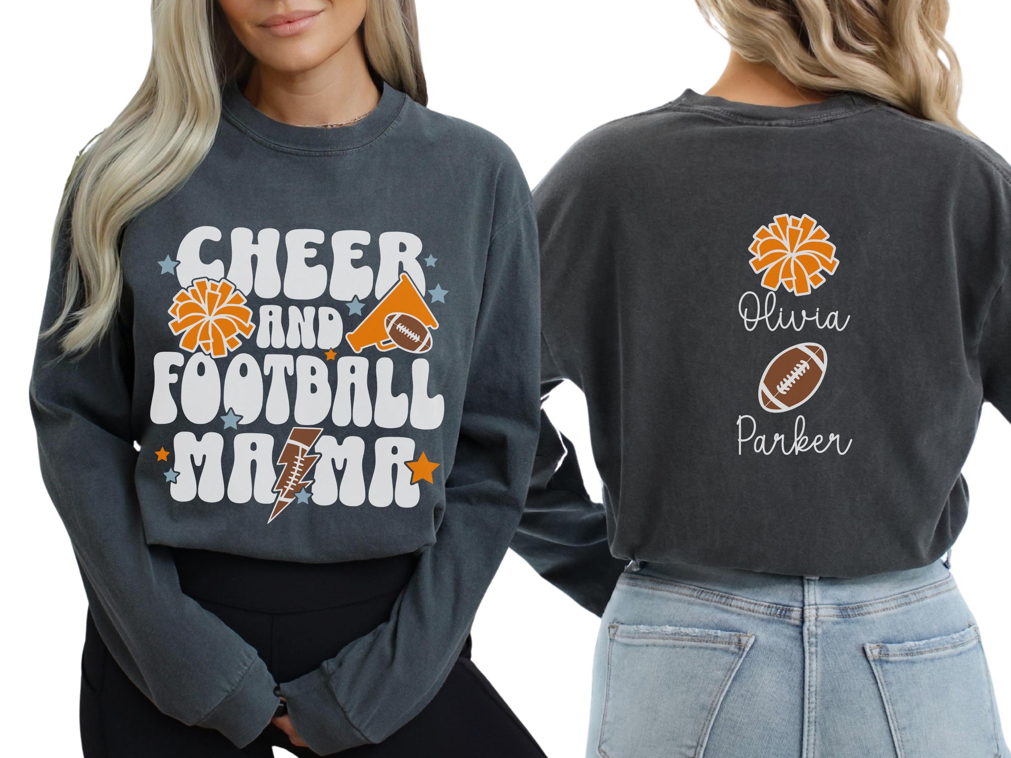 Cheer Football Mom Shirt with Names, Football Cheer Mom Shirt, Football Cheer Mama Shirts, Custom Football Cheer Shirt Personalized Mom Gift 11 FB2308