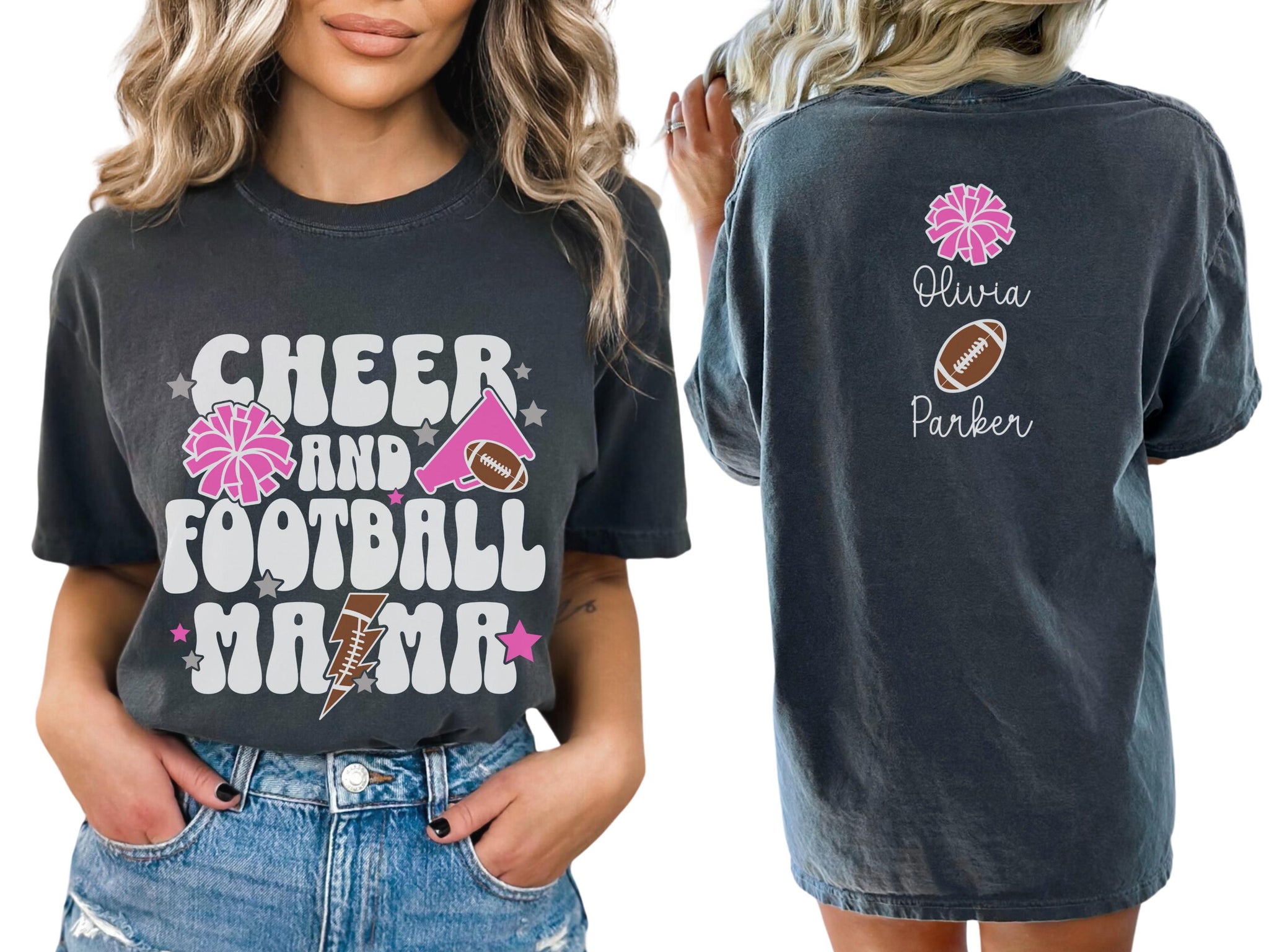 Cheer Football Mom Shirt with Names, Football Cheer Mom Shirt, Football Cheer Mama Shirts, Custom Football Cheer Shirt Personalized Mom Gift 1 FB2308