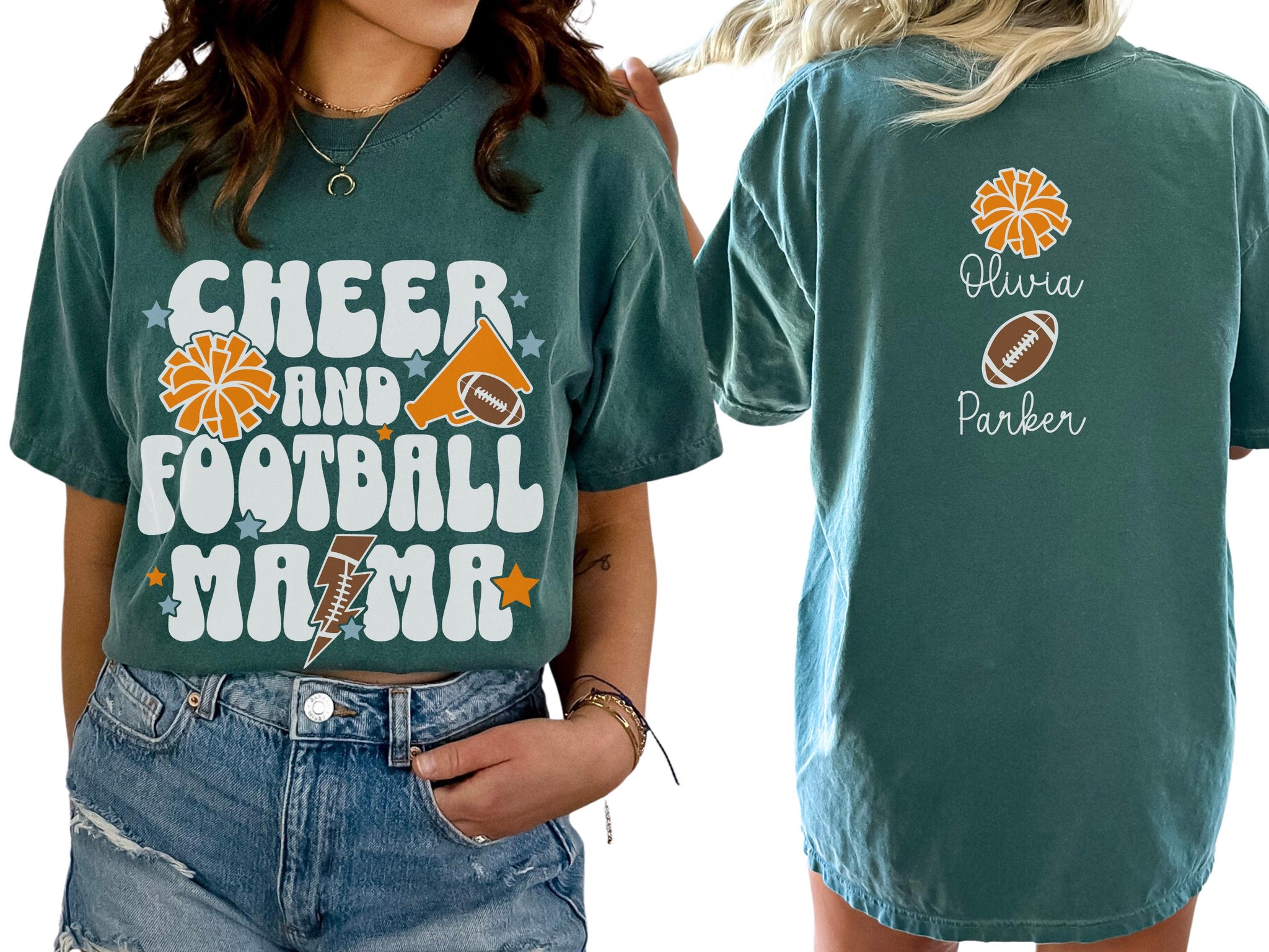 Cheer Football Mom Shirt with Names, Football Cheer Mom Shirt, Football Cheer Mama Shirts, Custom Football Cheer Shirt Personalized Mom Gift 12 FB2308