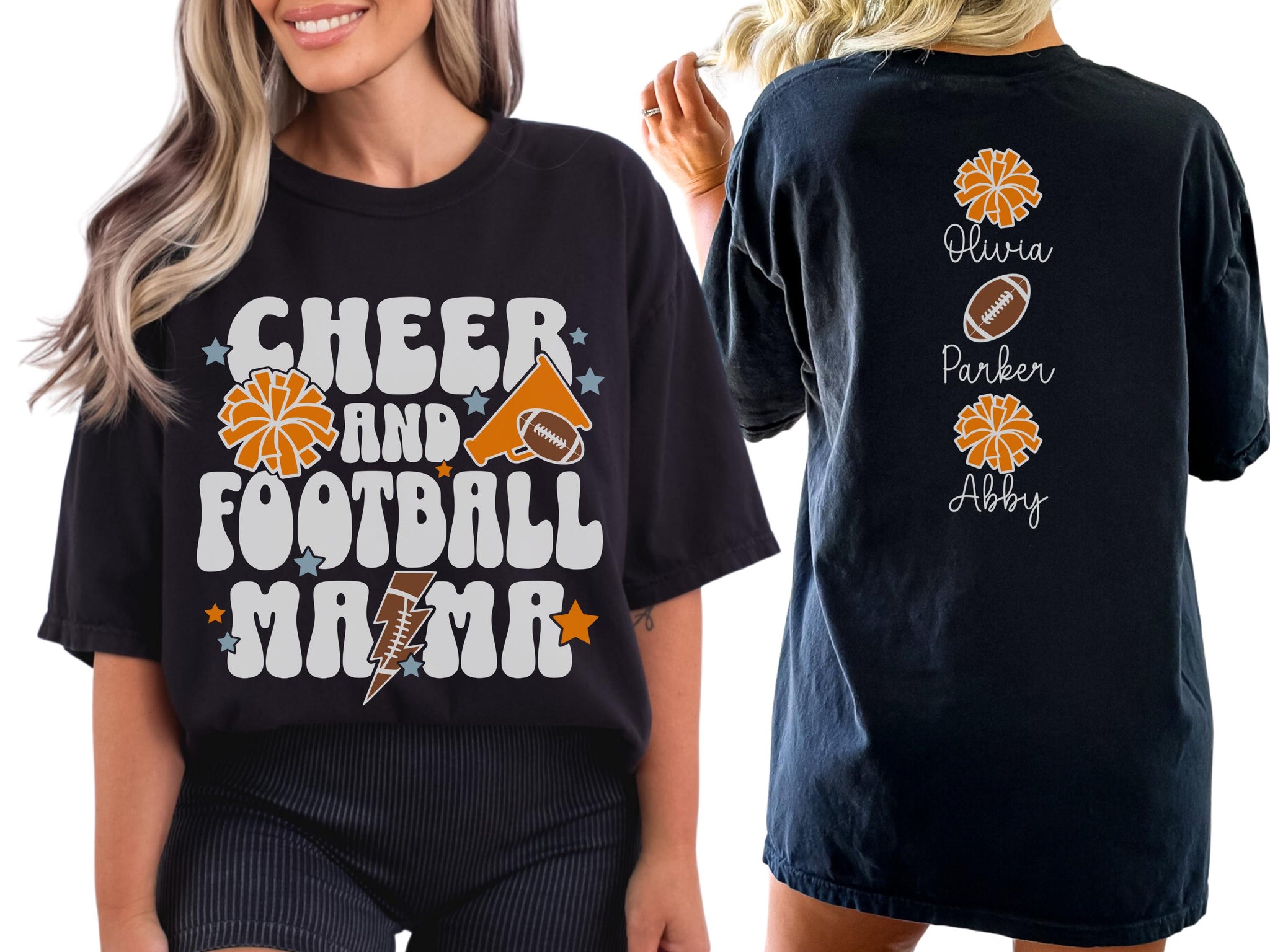 Cheer Football Mom Shirt with Names, Football Cheer Mom Shirt, Football Cheer Mama Shirts, Custom Football Cheer Shirt Personalized Mom Gift 12 FB2308