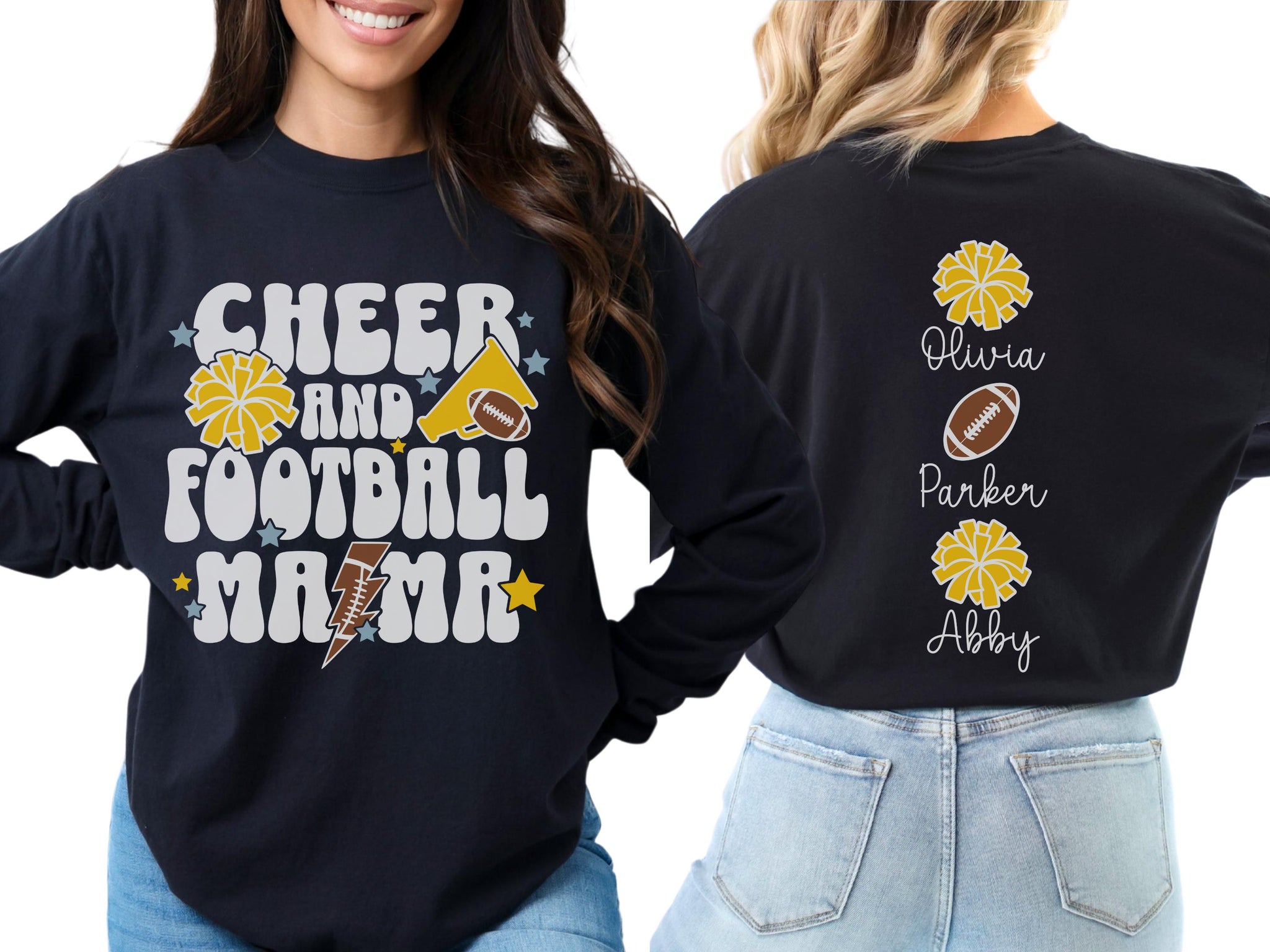 Cheer Football Mom Shirt with Names, Football Cheer Mom Shirt, Football Cheer Mama Shirts, Custom Football Cheer Shirt Personalized Mom Gift 3 FB2308