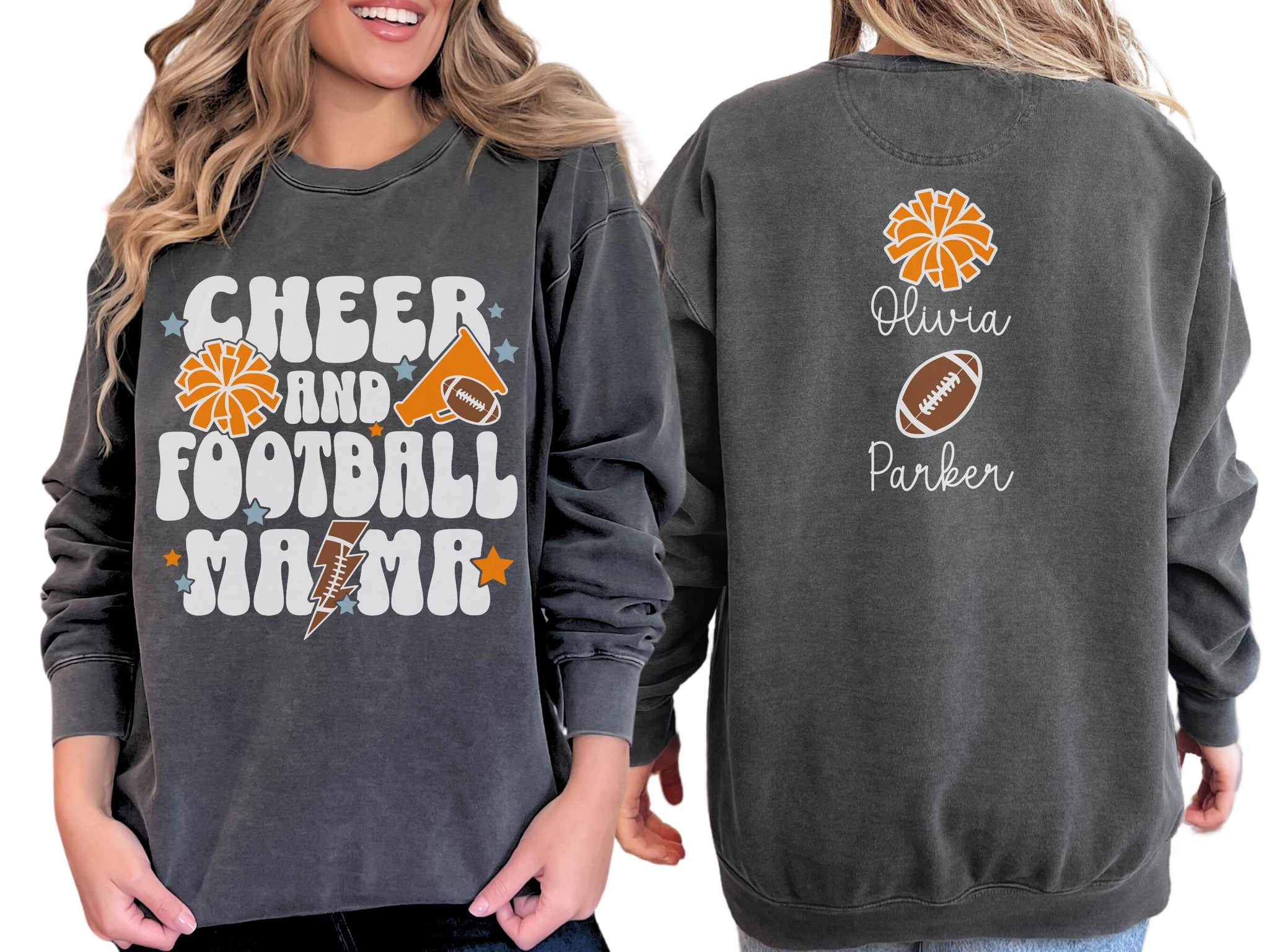 Cheer Football Mom Sweatshirt Personalized Football Cheer Mom Sweatshirt Custom Mama Sweater Names on Back Football Mama Gift for Cheer Mom CUSFB