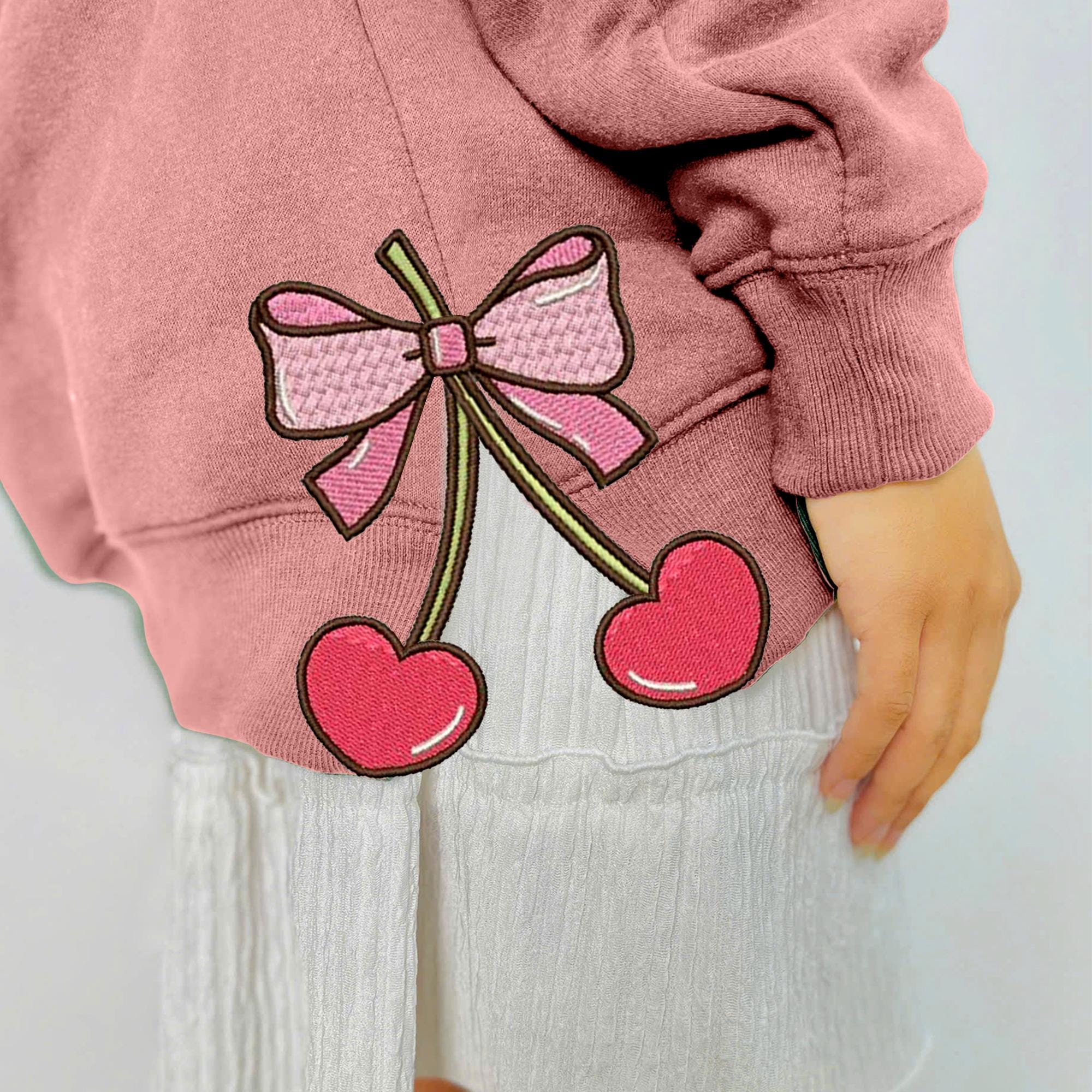 Cherry Heart Pink Coquette Side Bow Sweatshirt, Retro Pink Lover Sweater, Bow Applique Pink Girl Gifts ESIBOW