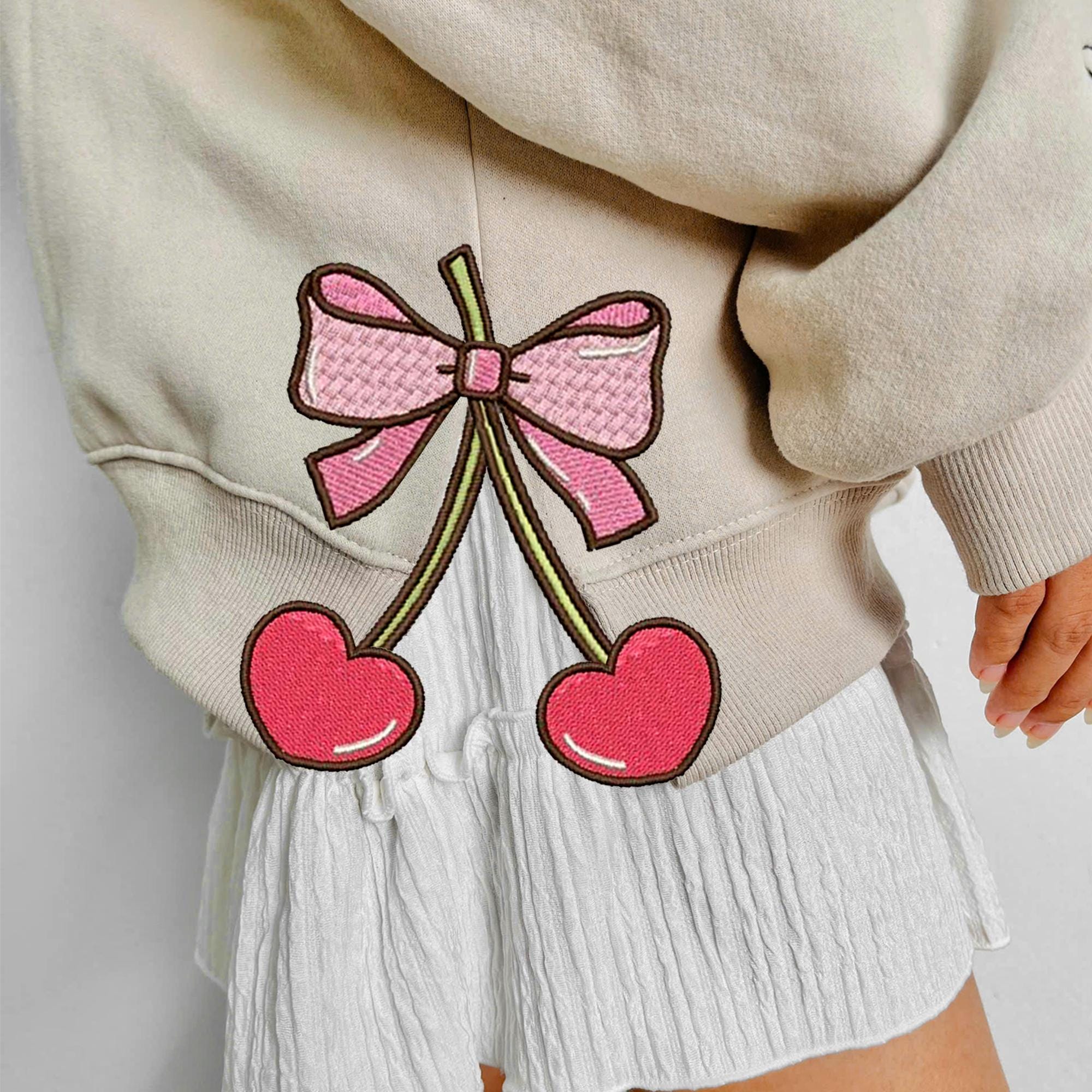 Cherry Heart Pink Coquette Side Bow Sweatshirt, Retro Pink Lover Sweater, Bow Applique Pink Girl Gifts ESIBOW