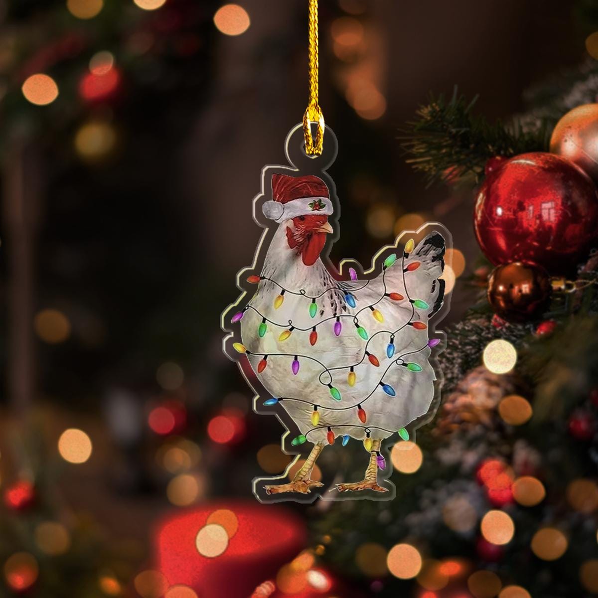 Chicken Christmas Light Ornament, Christmas Gift For Chicken Lovers Ornament, Chicken Ornament, Farmer Ornament, Christmas Flat Ornament ORNO5