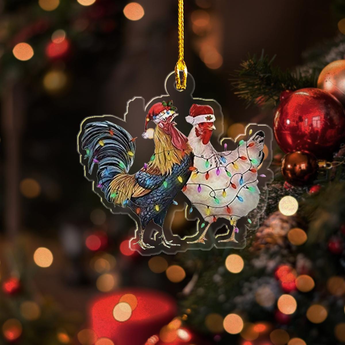 Chicken With Santa Hat and Lights Ornament, Chicken Farm Christmas Ornament, Chicken Christmas Ornament, Funny Chicken Ornament ORNO5