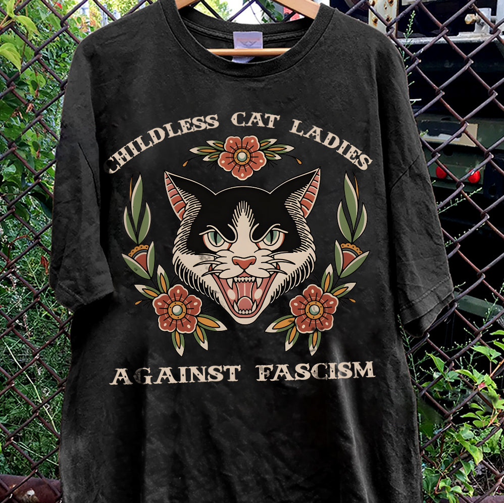 Childless For Cat Ladies For Harris 2024 Shirt, Childless Cat Ladies Against Fascism V2, Feminist Shirt, Trendy Shirt