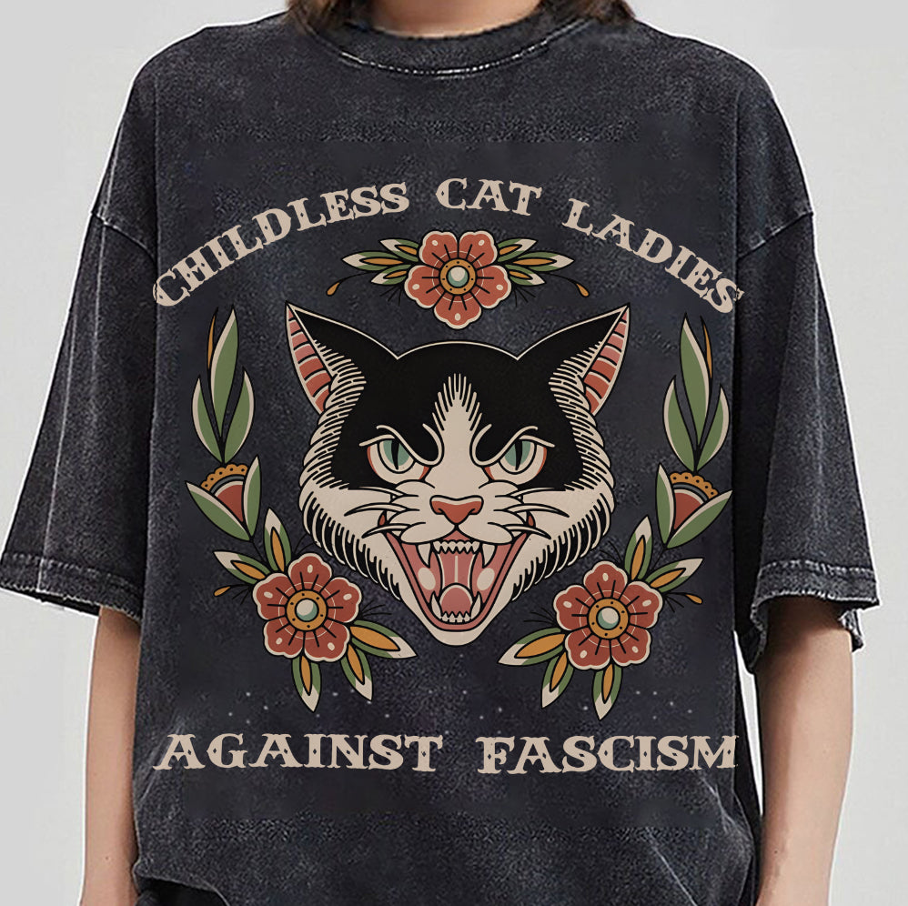 Childless For Cat Ladies For Harris 2024 Shirt, Childless Cat Ladies Against Fascism V2, Feminist Shirt, Trendy Shirt