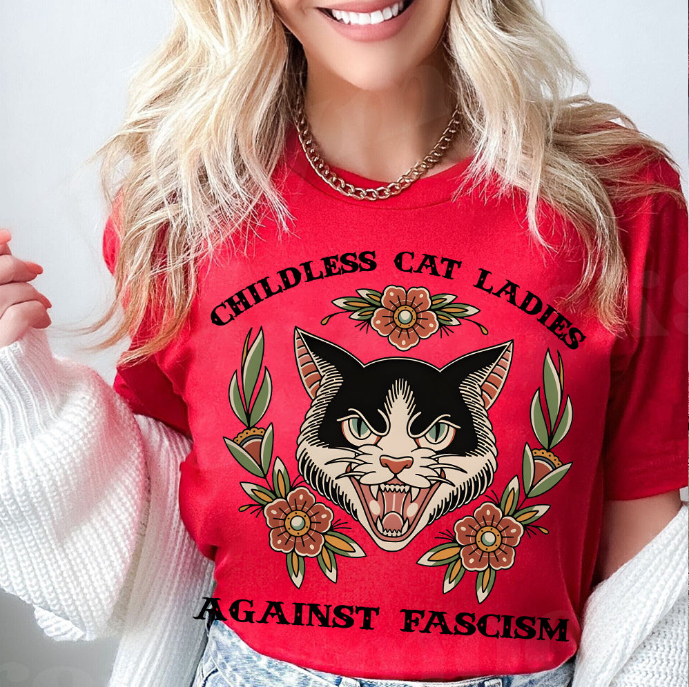 Childless For Cat Ladies For Harris 2024 Shirt, Childless Cat Ladies Against Fascism V2, Feminist Shirt, Trendy Shirt