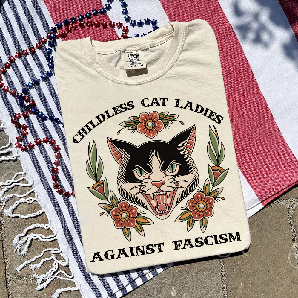 Childless For Cat Ladies For Harris 2024 Shirt, Childless Cat Ladies Against Fascism V2, Feminist Shirt, Trendy Shirt