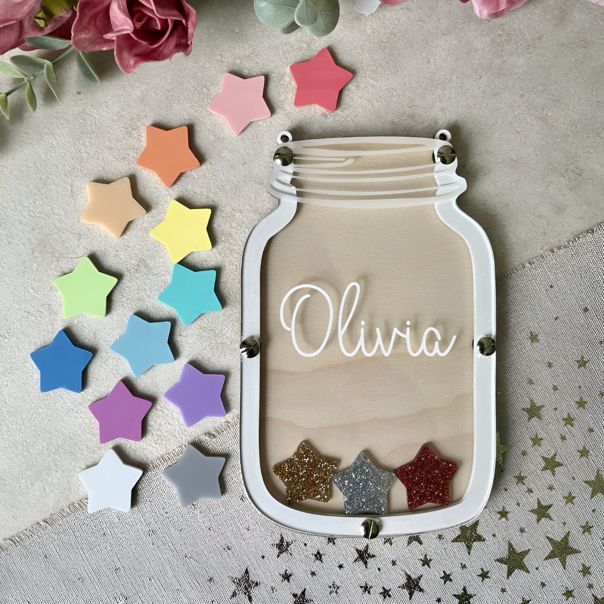 Children's Personalised Reward Jar with pastel and glitter star tokens for supporting good behaviour, independence and routines REJAR