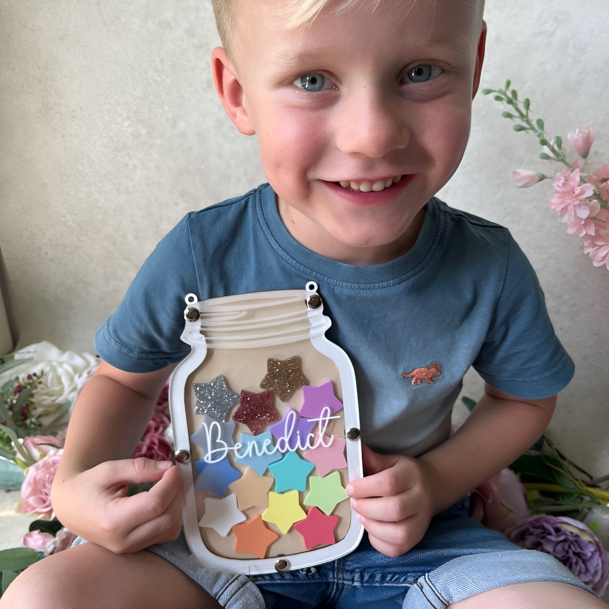 Children's Personalised Reward Jar with pastel and glitter star tokens for supporting good behaviour, independence and routines REJAR