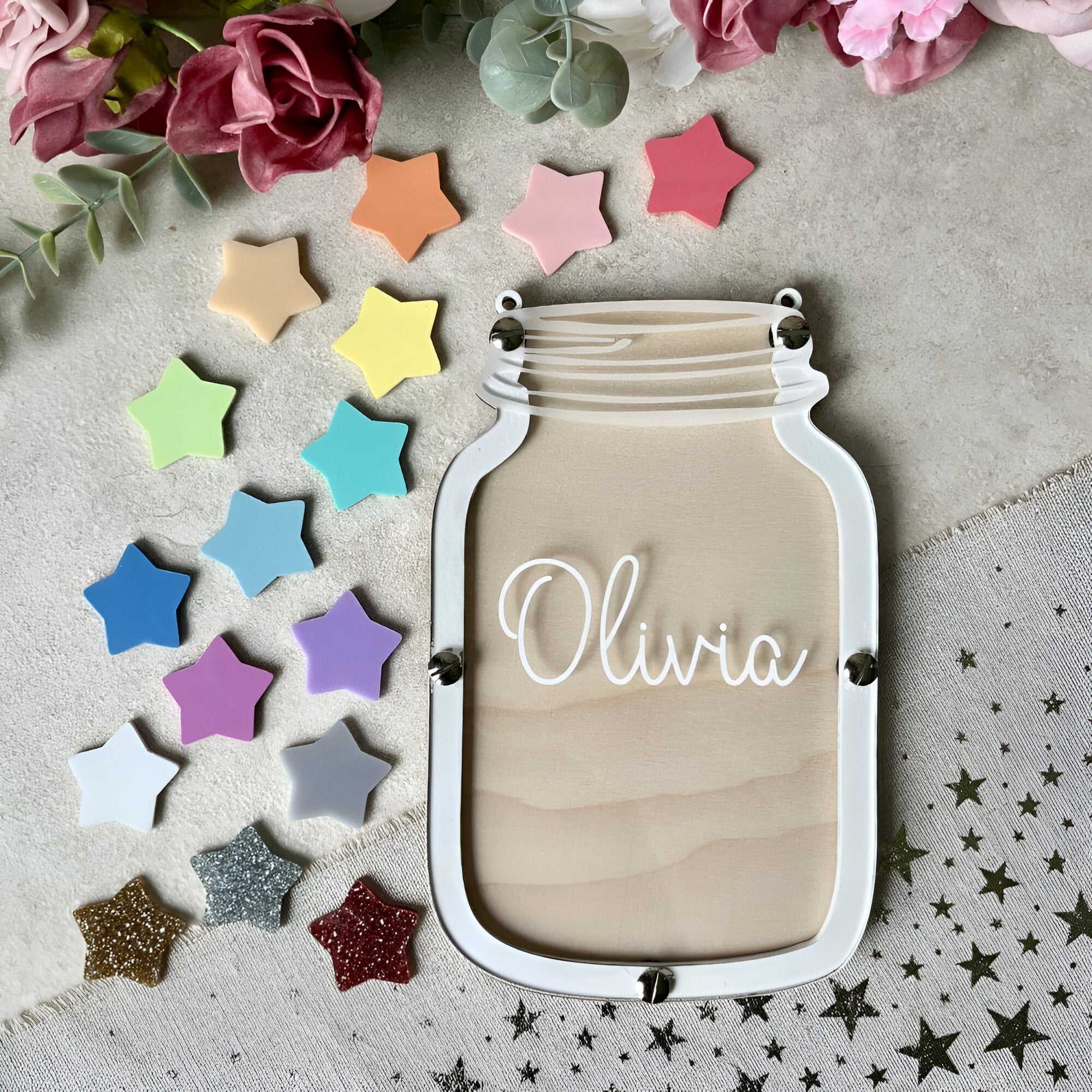 Children's Personalised Reward Jar with pastel and glitter star tokens for supporting good behaviour, independence and routines REJAR