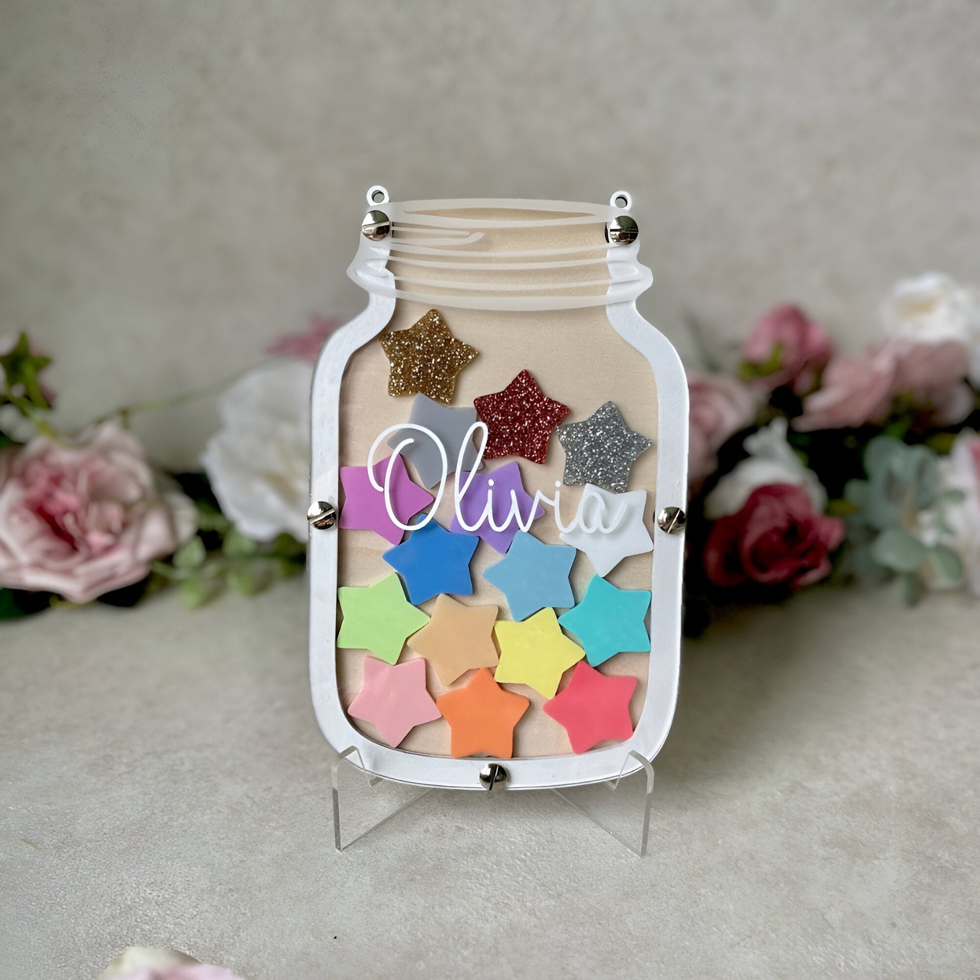 Children's Personalised Reward Jar with pastel and glitter star tokens for supporting good behaviour, independence and routines REJAR