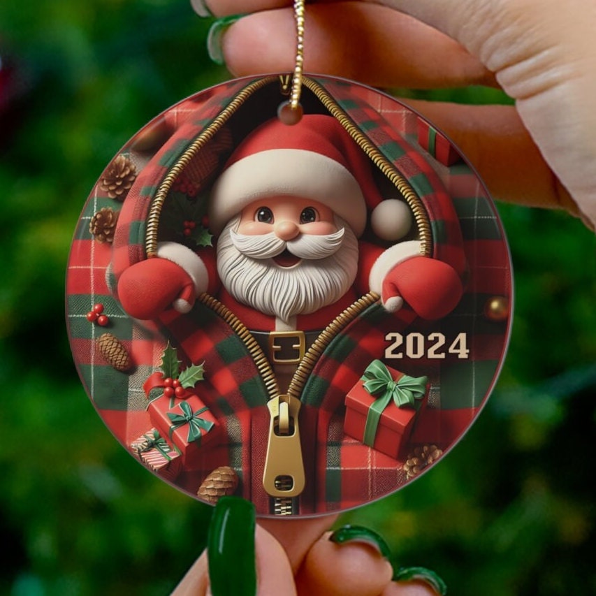 Christmas 2024 Ornament, Cute Flat Plaid Santa Claus Zipper Holiday Ornaments, Holiday Keepsake Stocking Stuffers HAOR14