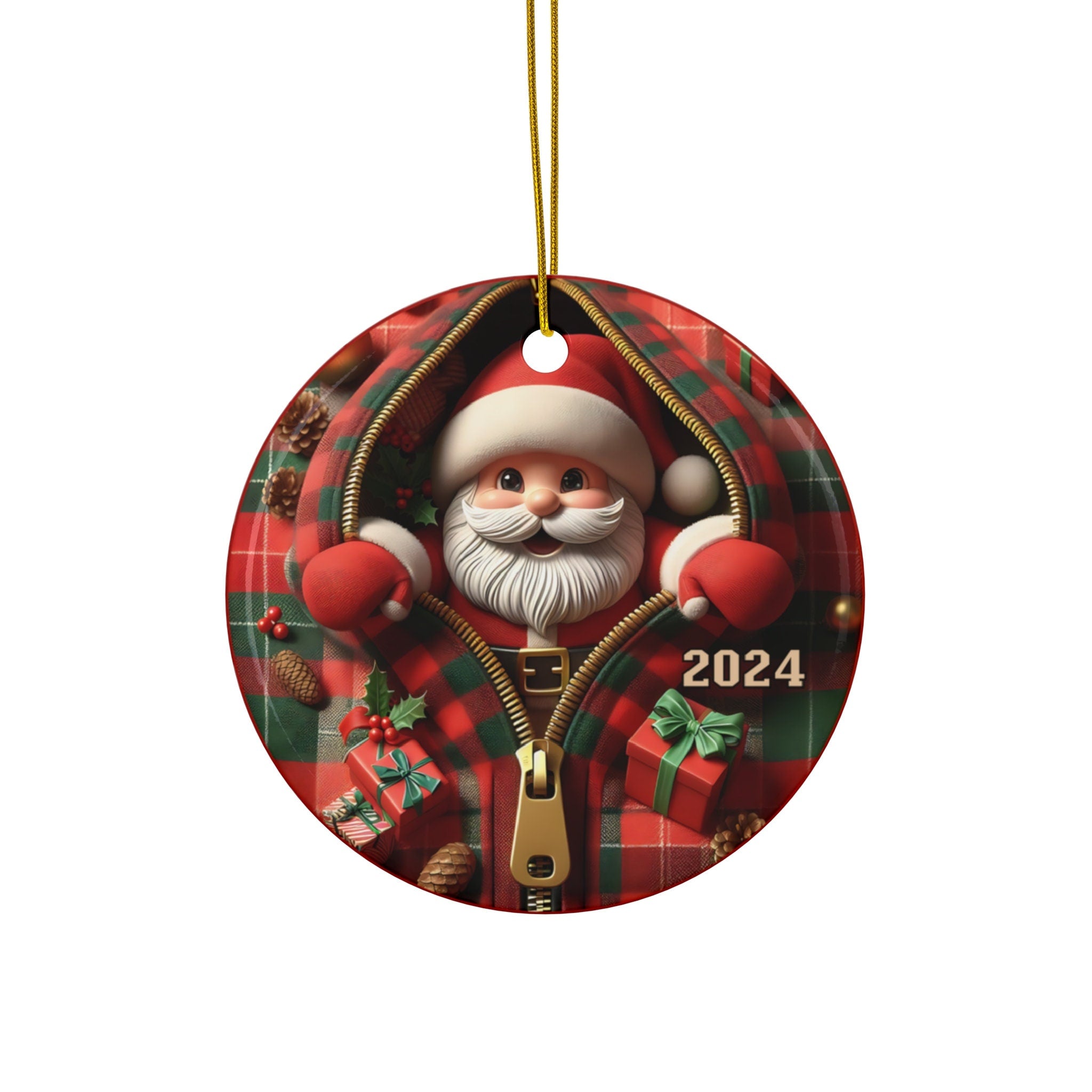 Christmas 2024 Ornament, Cute Flat Plaid Santa Claus Zipper Holiday Ornaments, Holiday Keepsake Stocking Stuffers HAOR14