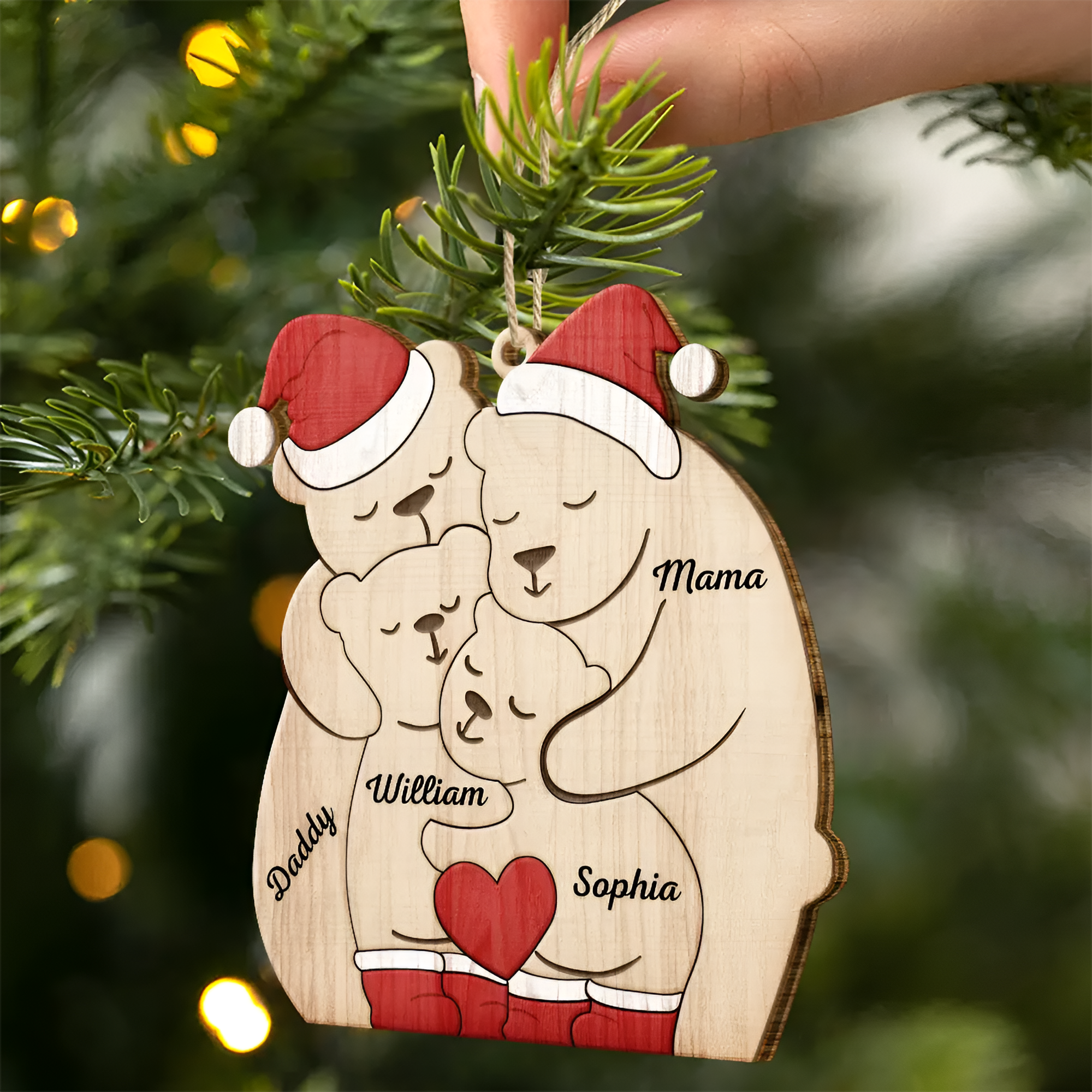 Christmas Bear Family - Personalized Custom Shaped Wooden Ornament ORN0210