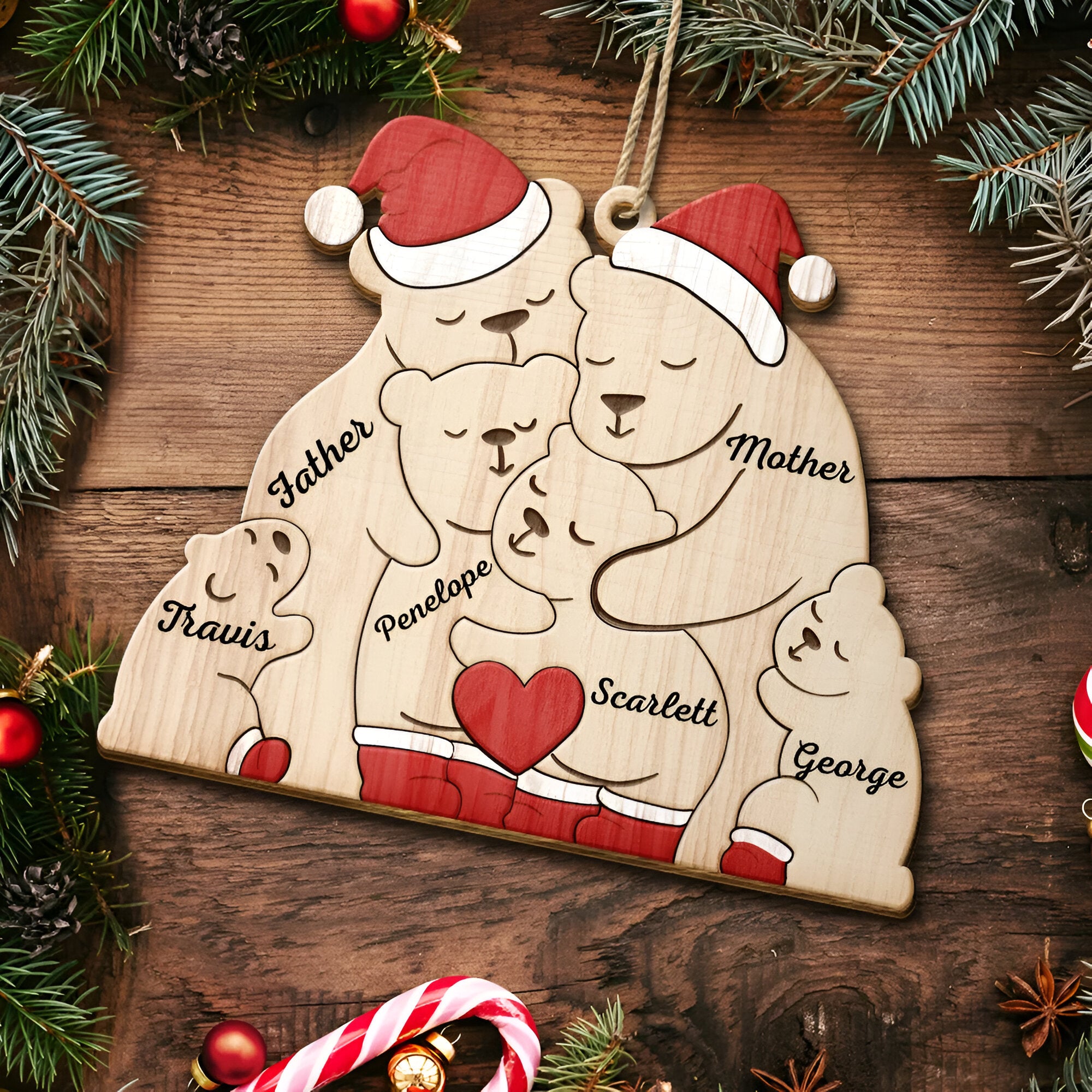 Christmas Bear Family - Personalized Custom Shaped Wooden Ornament ORN0210