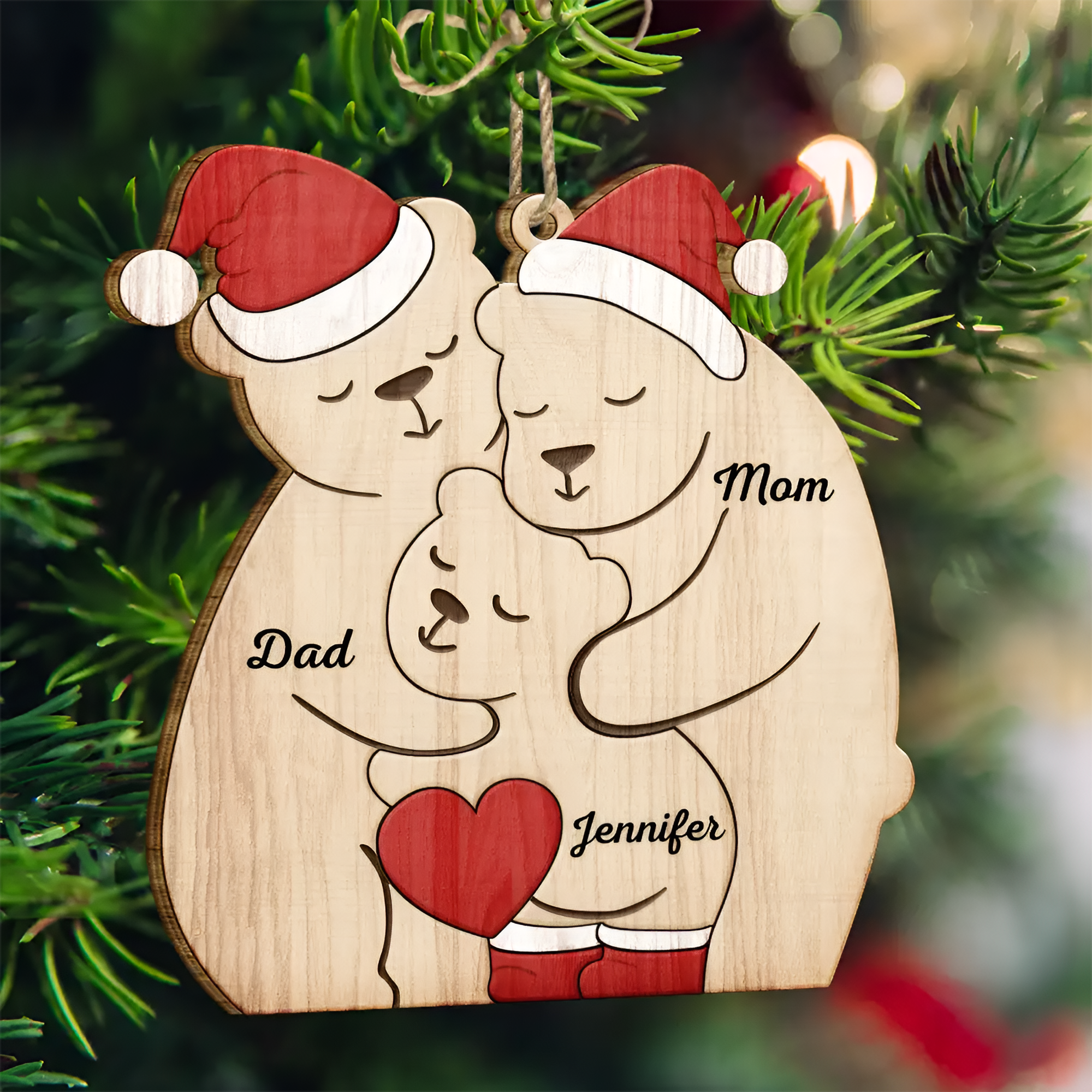 Christmas Bear Family - Personalized Custom Shaped Wooden Ornament ORN0210