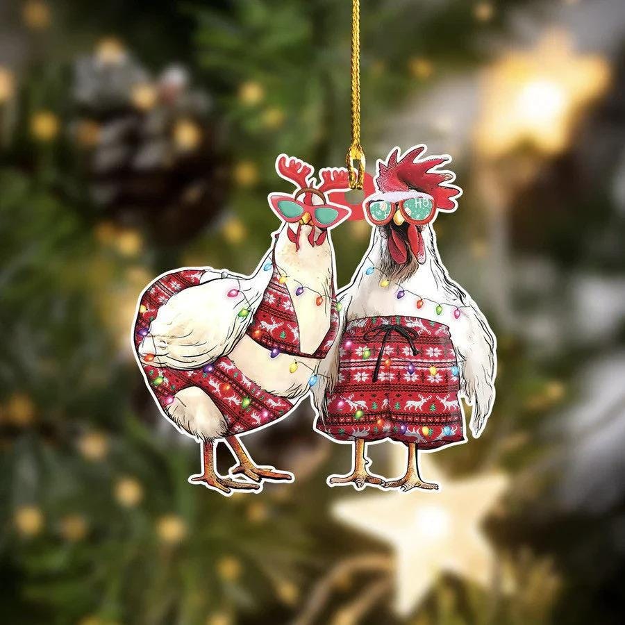 Christmas Chicken Lights Couple Ornament, Santa Chicken Christmas Ornament, Funny Chicken Christmas Keepsake, Chicken Lover Gift Ornament ORNO5