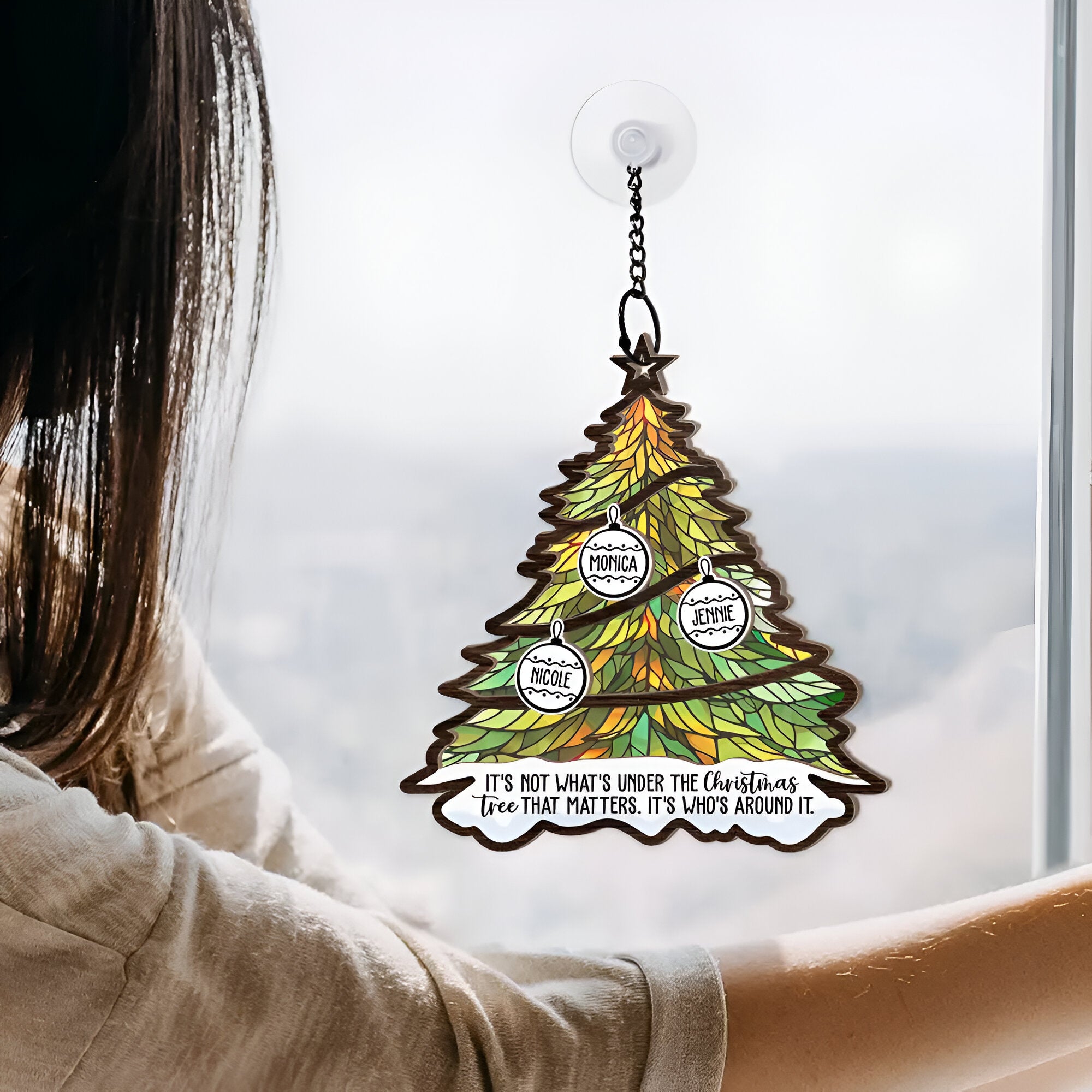 Christmas Family Under The Christmas Tree - Personalized Window Hanging Suncatcher Ornament ORN0310