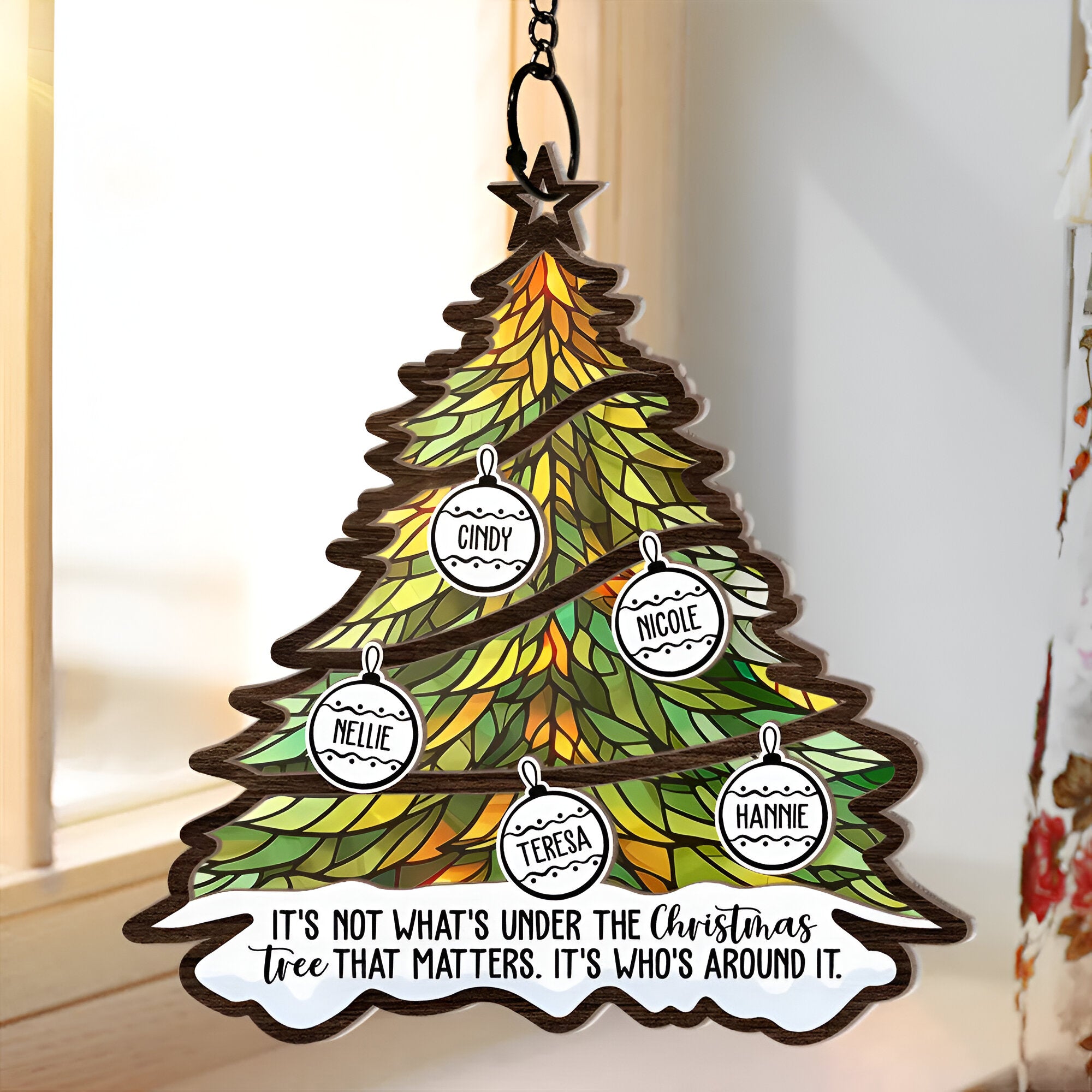 Christmas Family Under The Christmas Tree - Personalized Window Hanging Suncatcher Ornament ORN0310