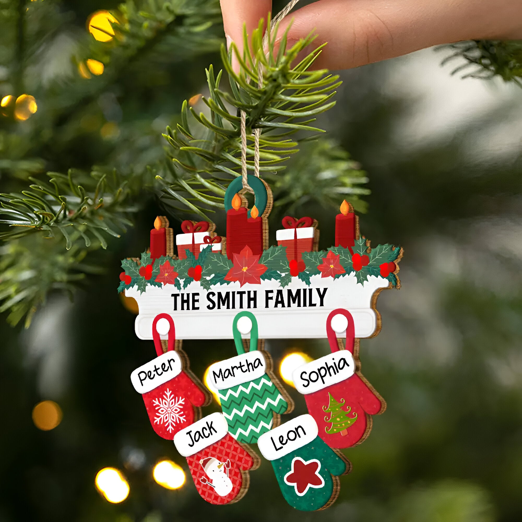 Christmas Family Warm Mittens - Personalized Wooden Cutout Ornament ORN0210