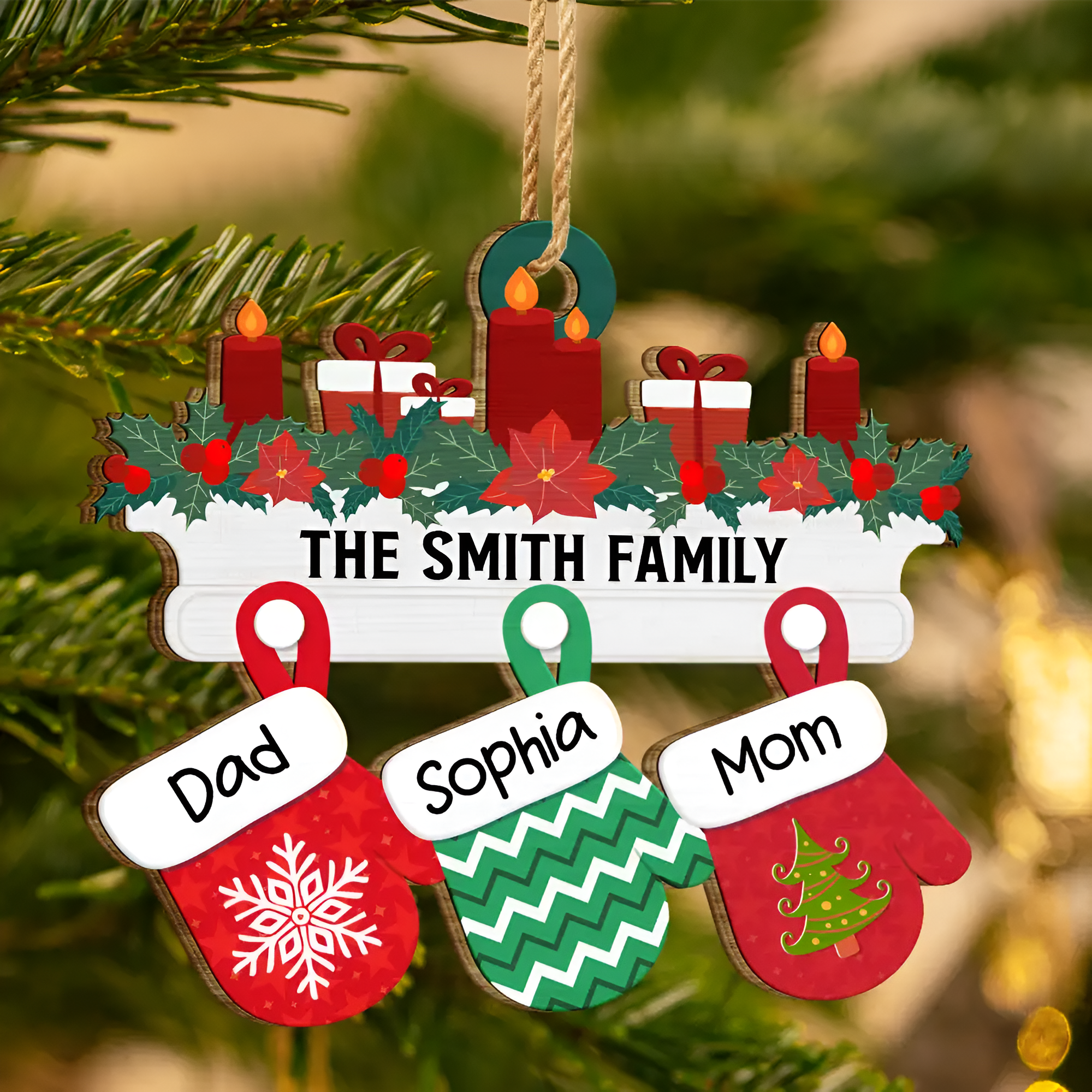 Christmas Family Warm Mittens - Personalized Wooden Cutout Ornament ORN0210