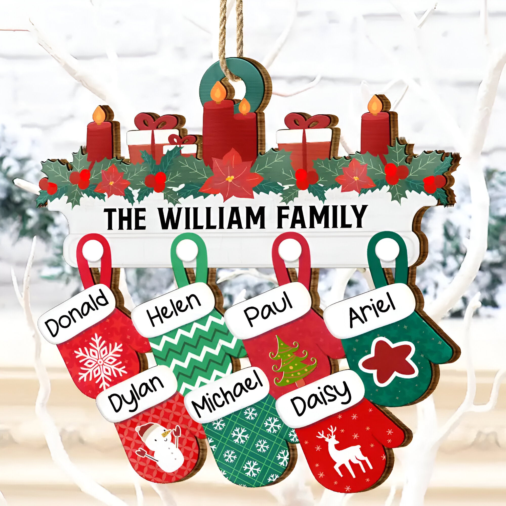 Christmas Family Warm Mittens - Personalized Wooden Cutout Ornament ORN0210