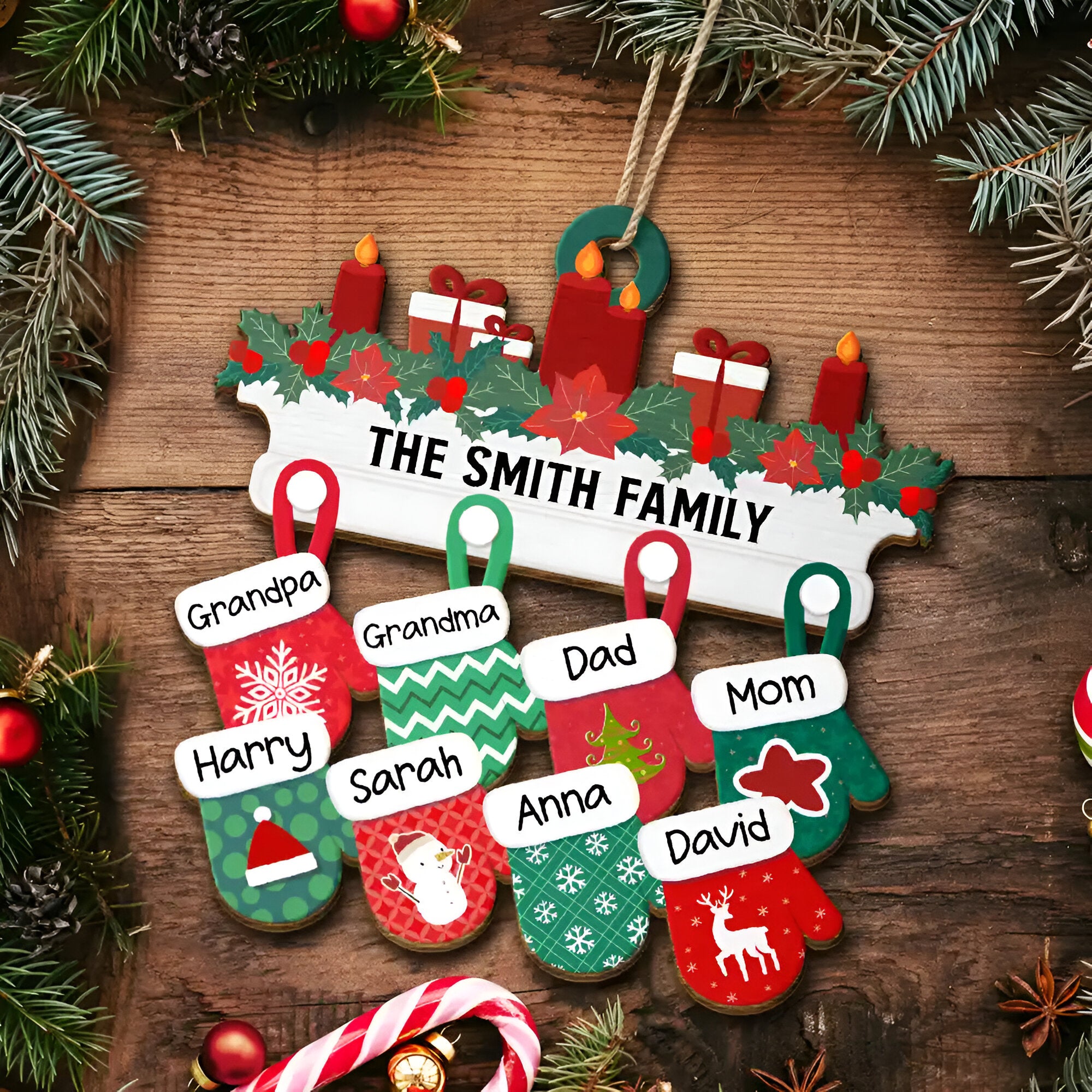 Christmas Family Warm Mittens - Personalized Wooden Cutout Ornament ORN0210