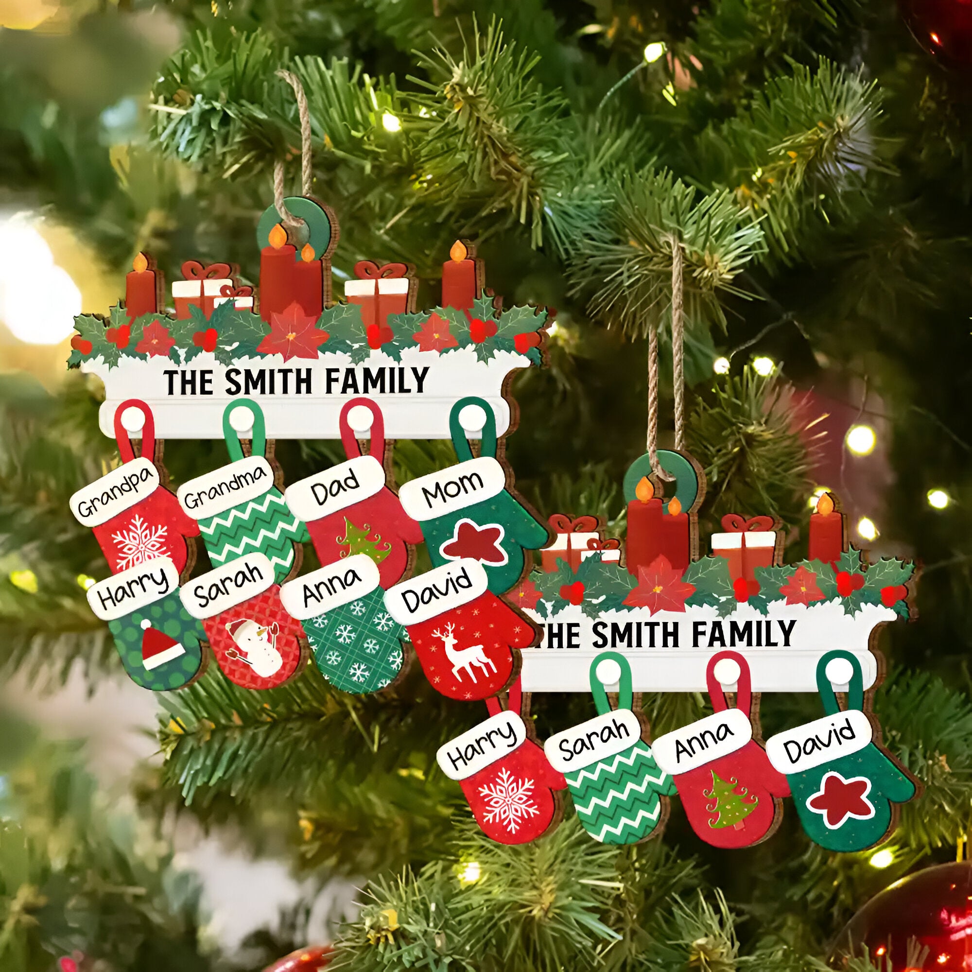 Christmas Family Warm Mittens - Personalized Wooden Cutout Ornament ORN0210