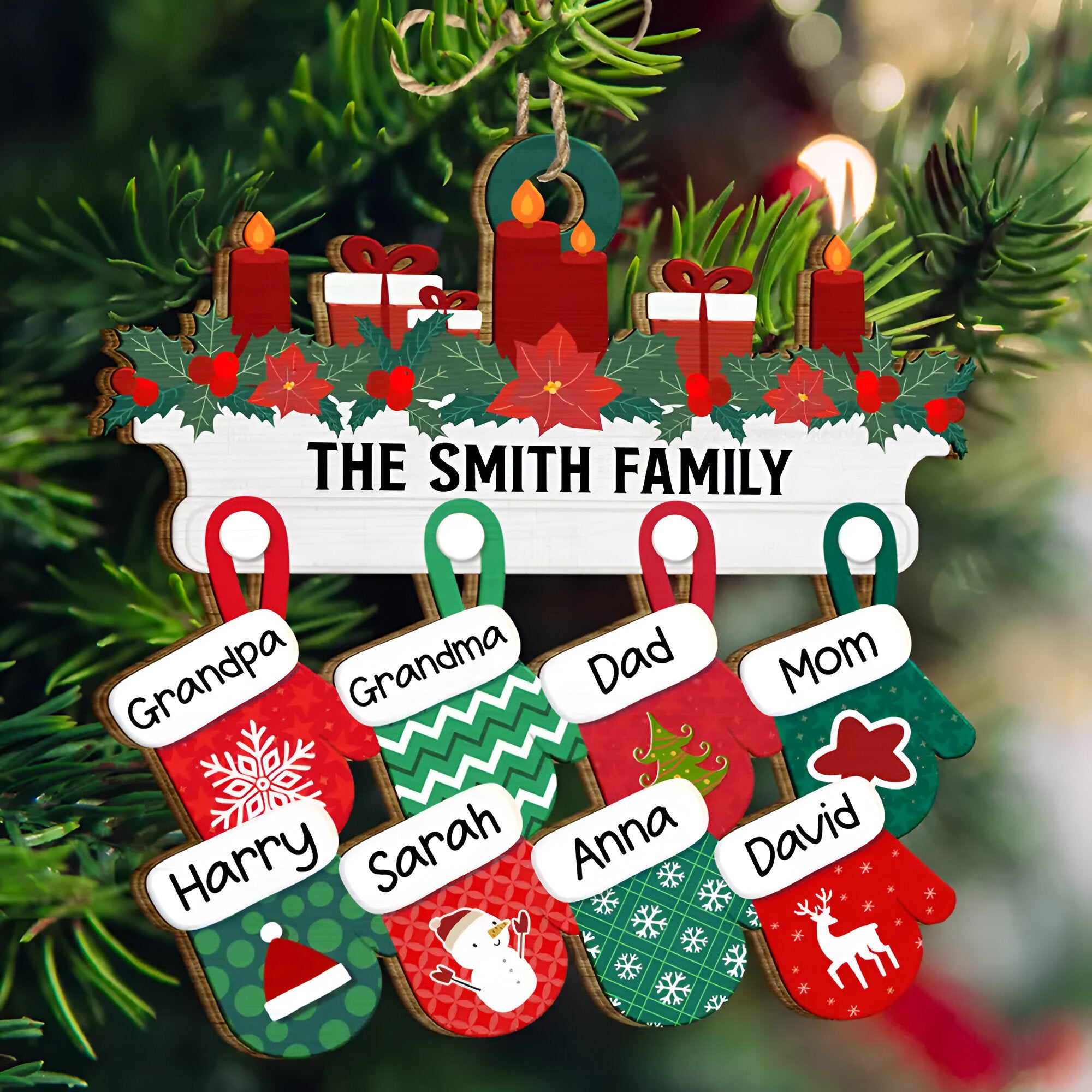 Christmas Family Warm Mittens - Personalized Wooden Cutout Ornament ORN0210