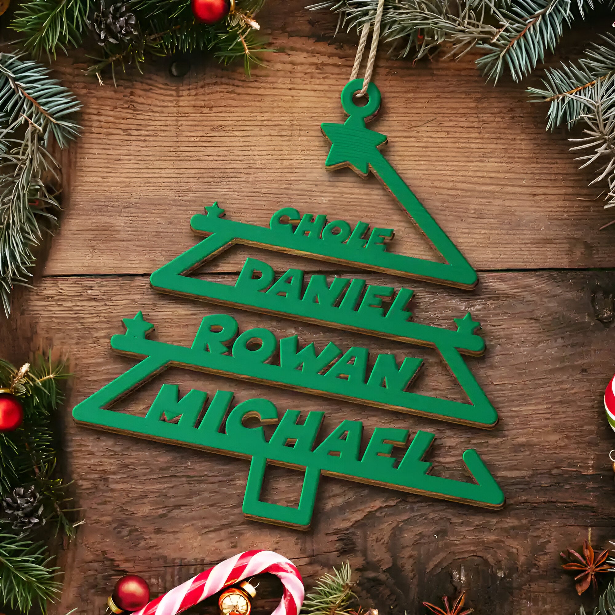 Christmas Tree Family Bestie Custom Names Version 2 - Personalized Wooden Cutout Ornament ORN02101