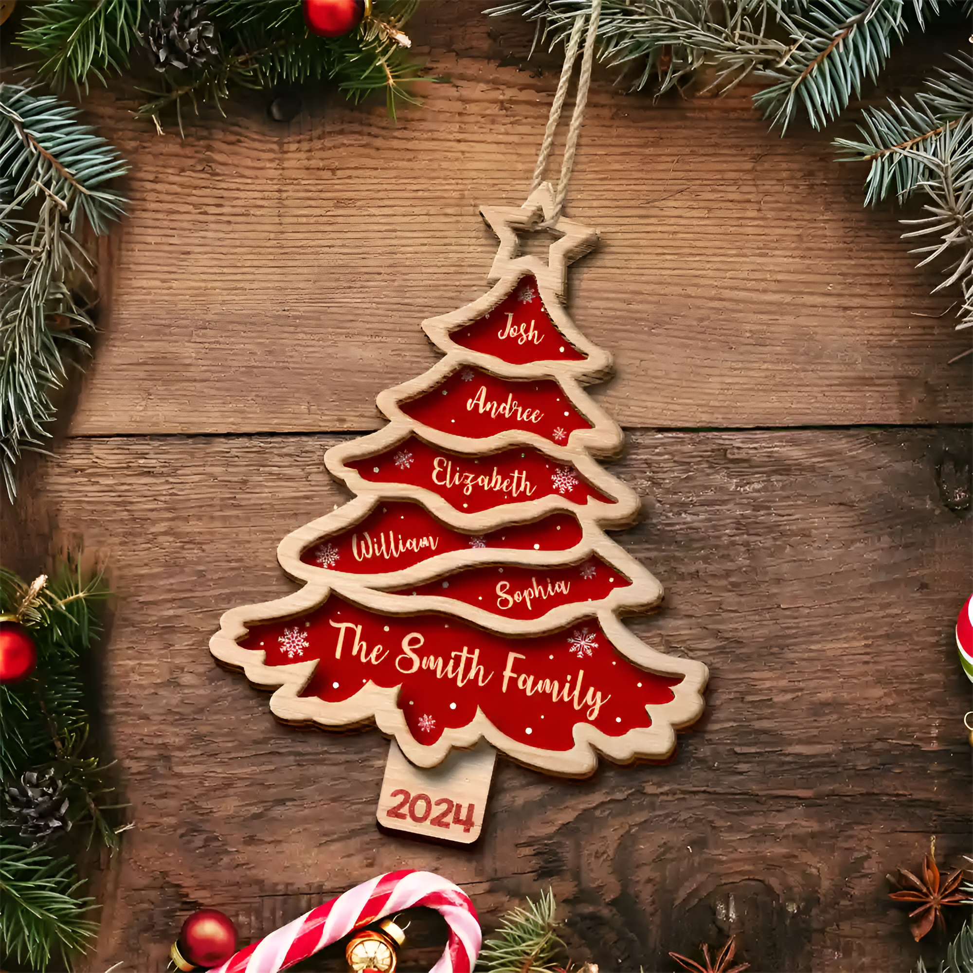 Christmas Tree Family Bestie Custom Names Version 3 - Personalized 2-Layered Wooden Ornament ORN02101