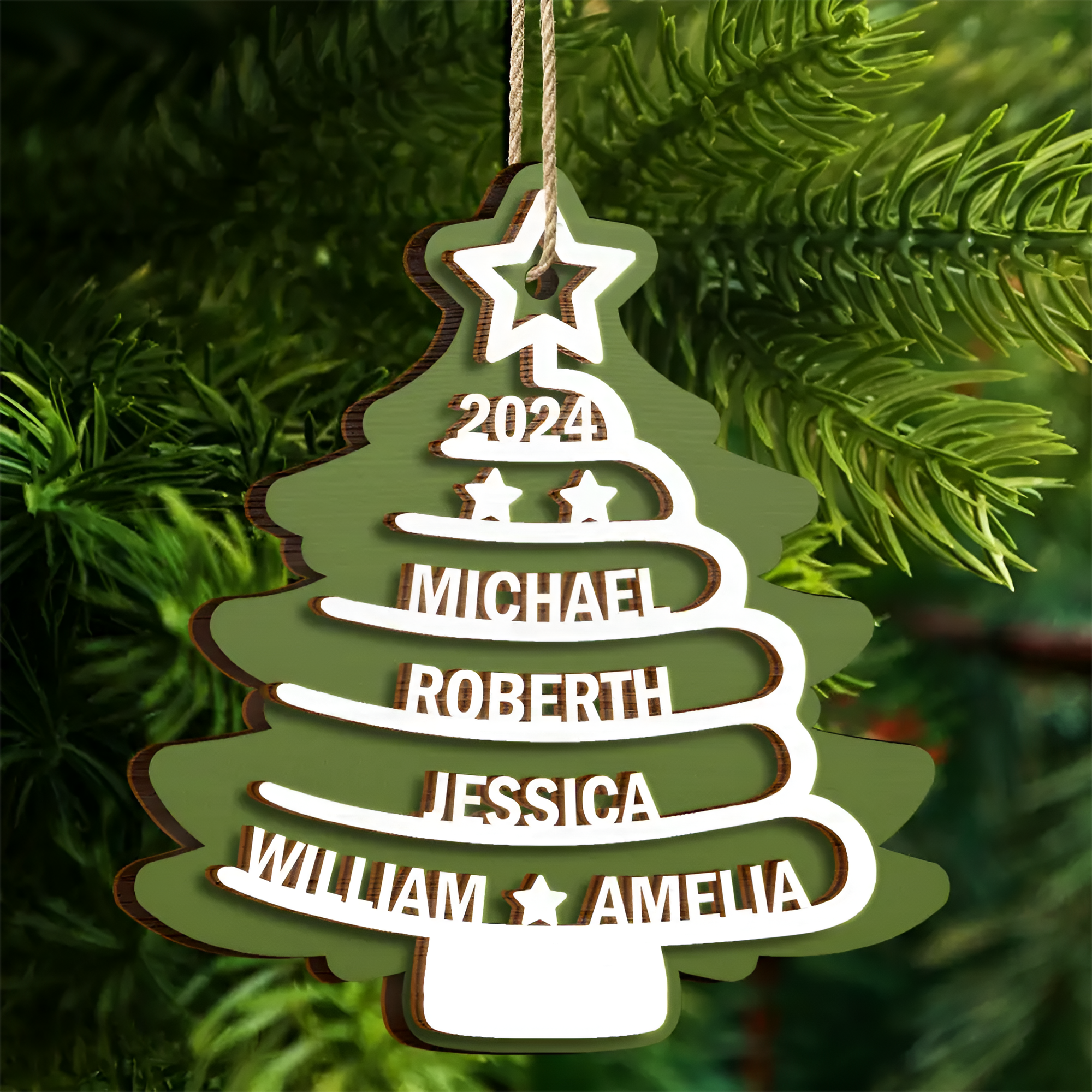 Christmas Tree Family Names - Personalized 2-Layered Wooden Ornament ORN0310