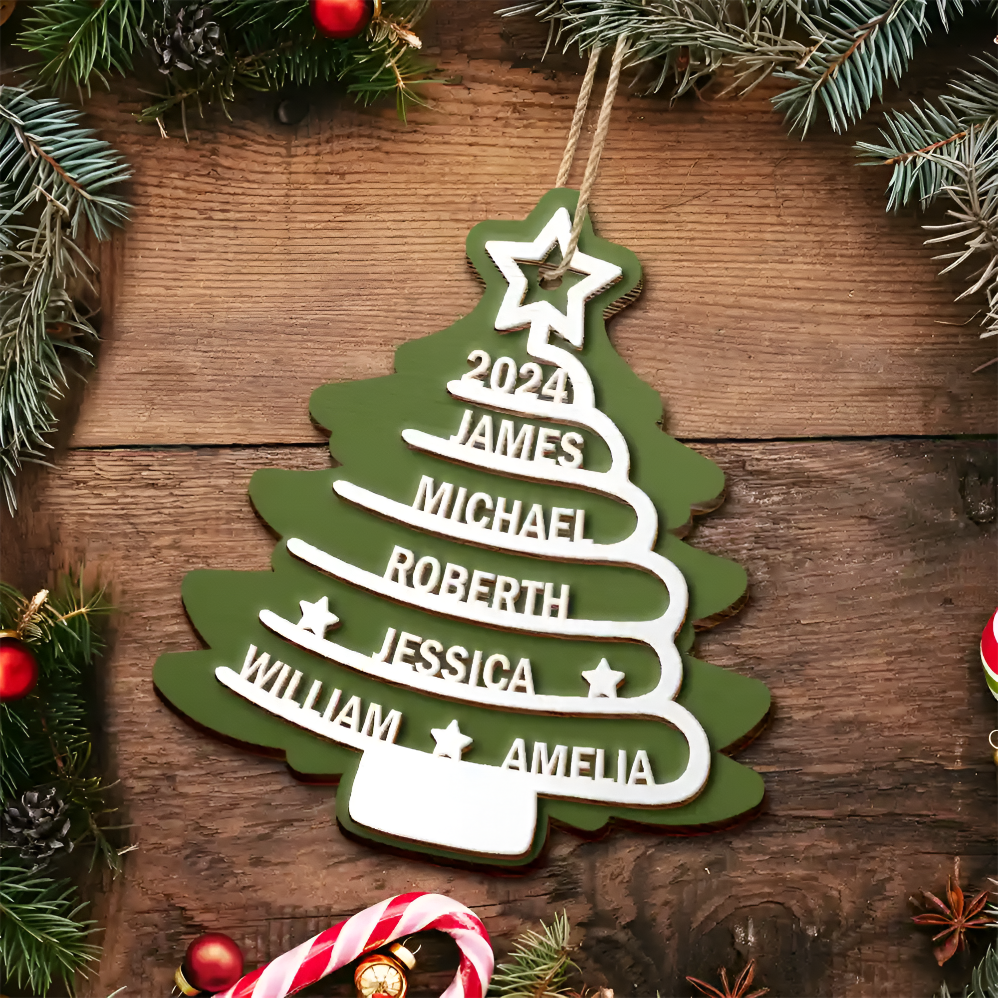 Christmas Tree Family Names - Personalized 2-Layered Wooden Ornament ORN0310