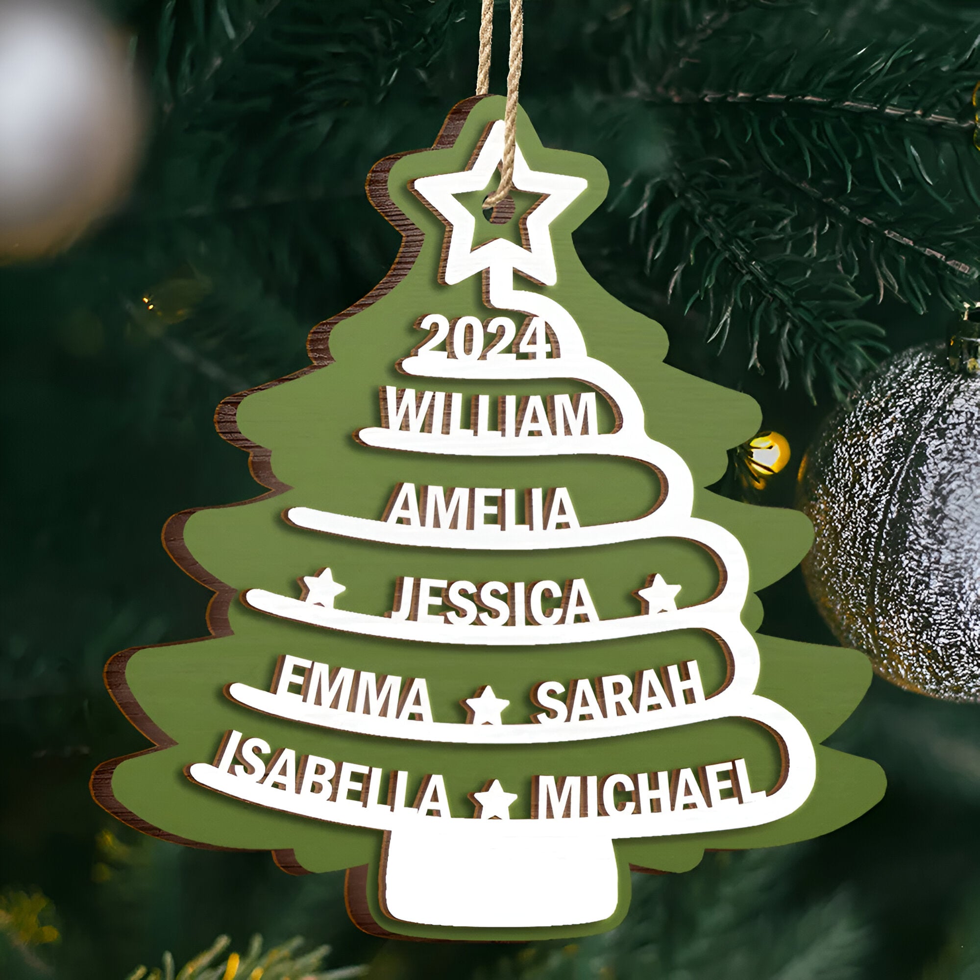 Christmas Tree Family Names - Personalized 2-Layered Wooden Ornament ORN0310