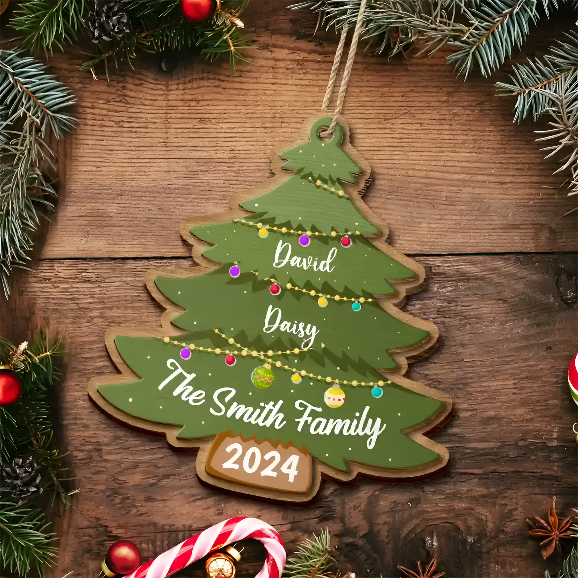 Christmas Tree Family - Personalized 2-Layered Wooden Ornament ORN0210