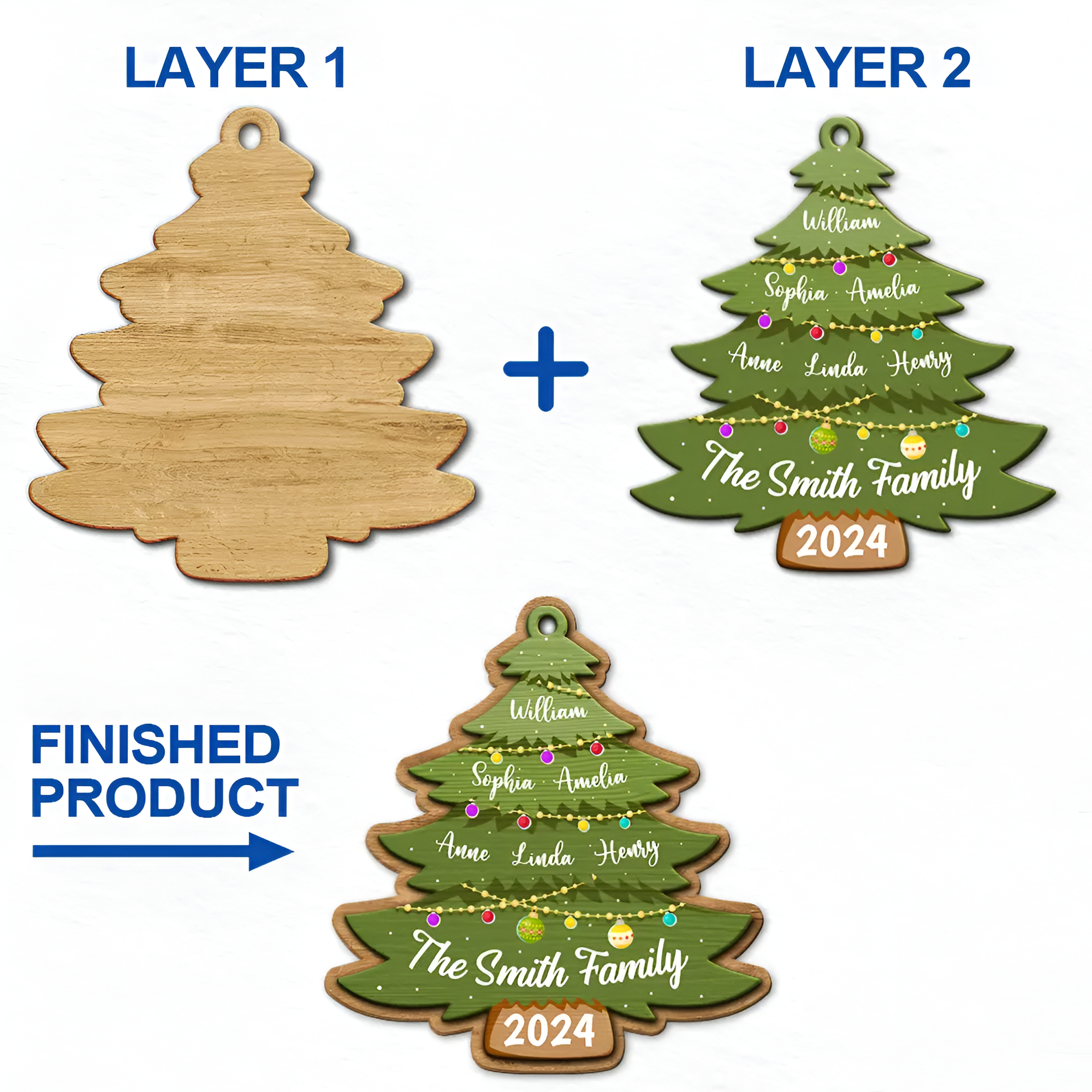 Christmas Tree Family - Personalized 2-Layered Wooden Ornament ORN0210